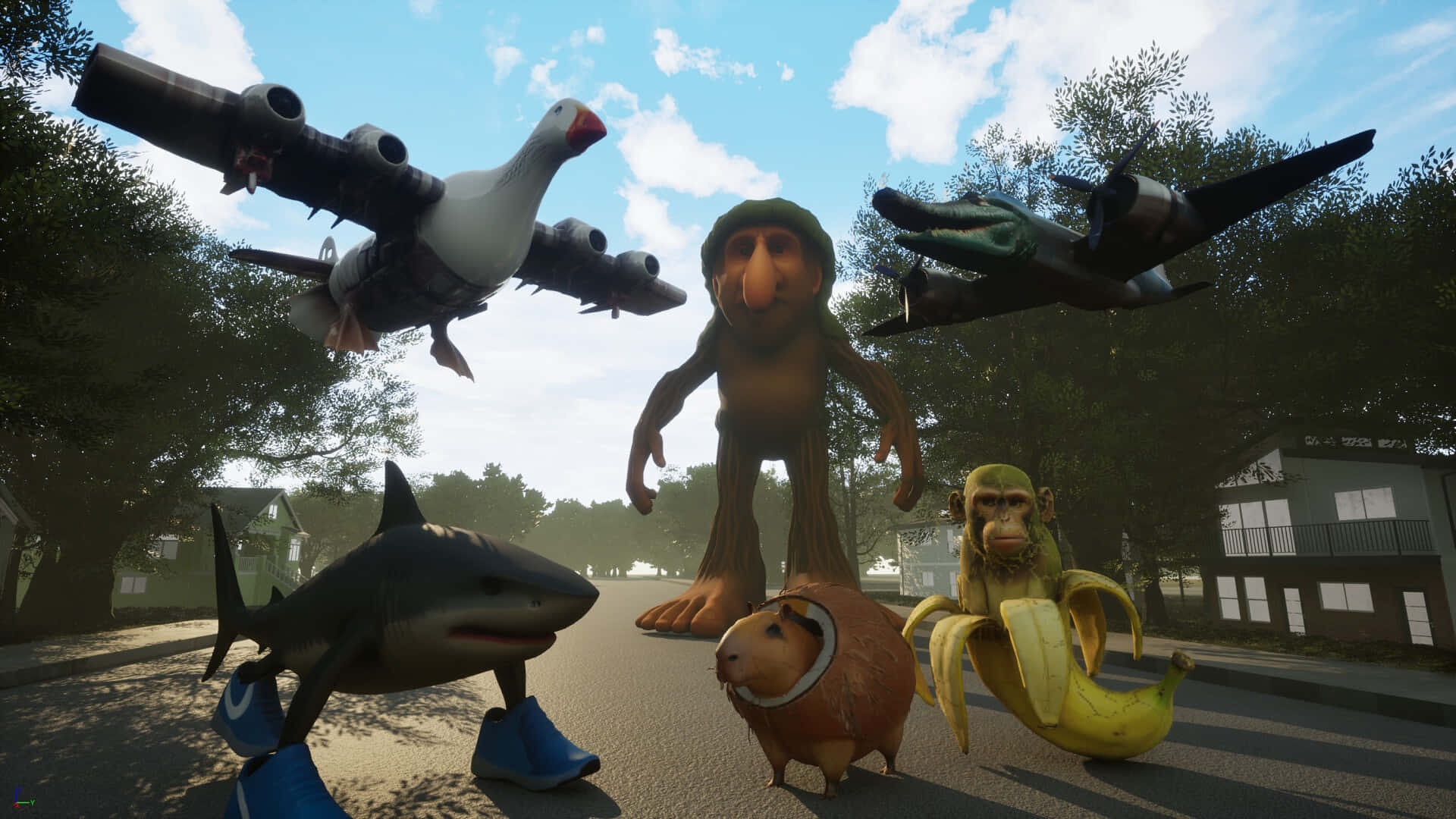Italian Brainrot, shark in sneakers, monkey in a banana peel, Full HD Desktop Wallpaper
