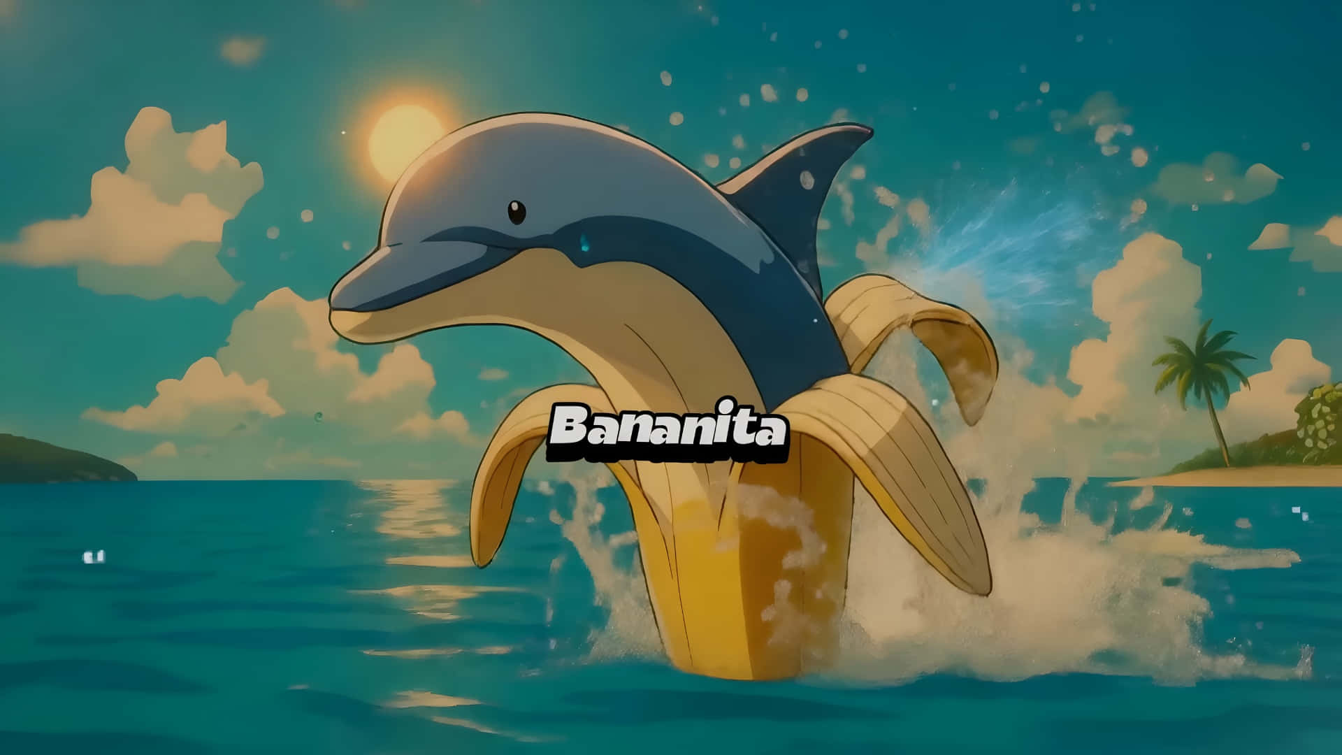 Italian Brainrot, cartoon dolphin, turquoise ocean water, Full HD Desktop Wallpaper