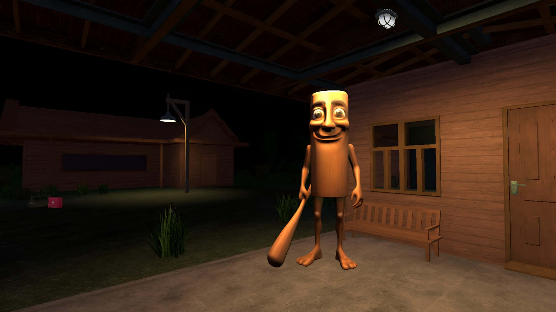 Italian Brainrot, tall wooden humanoid figure, smiling face, Full HD Desktop Wallpaper