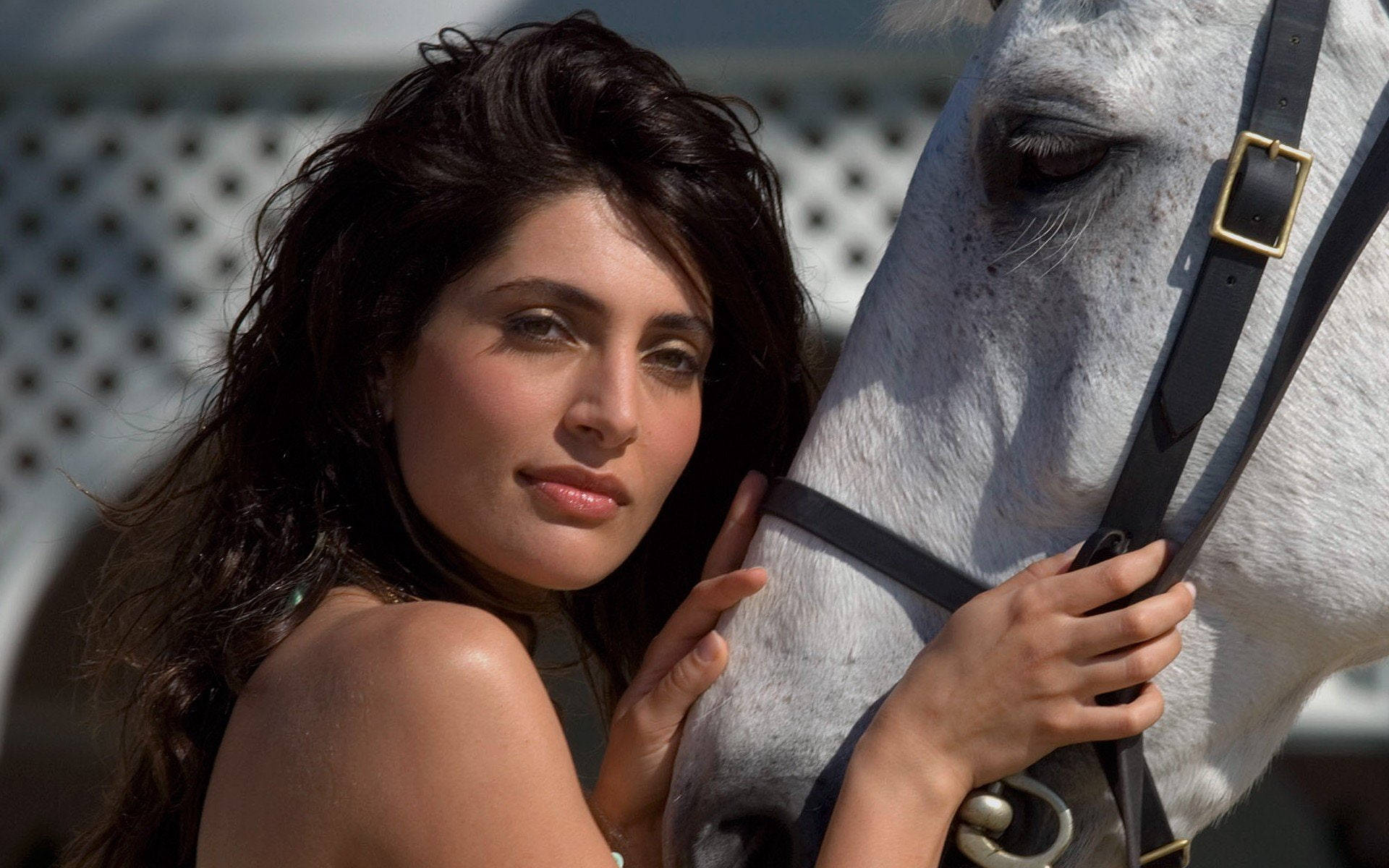 Italian Girl, white horse, dark hair, Full HD Desktop Wallpaper