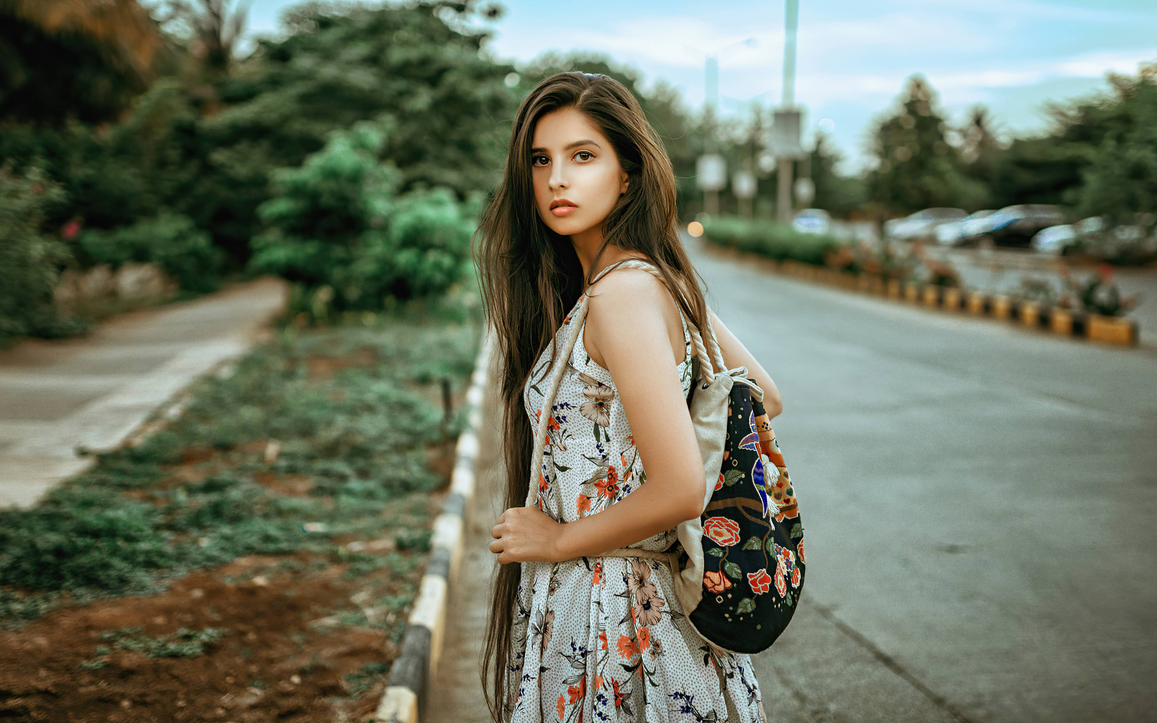 Italian Girl, floral dress, roadside, 4K Desktop Wallpaper