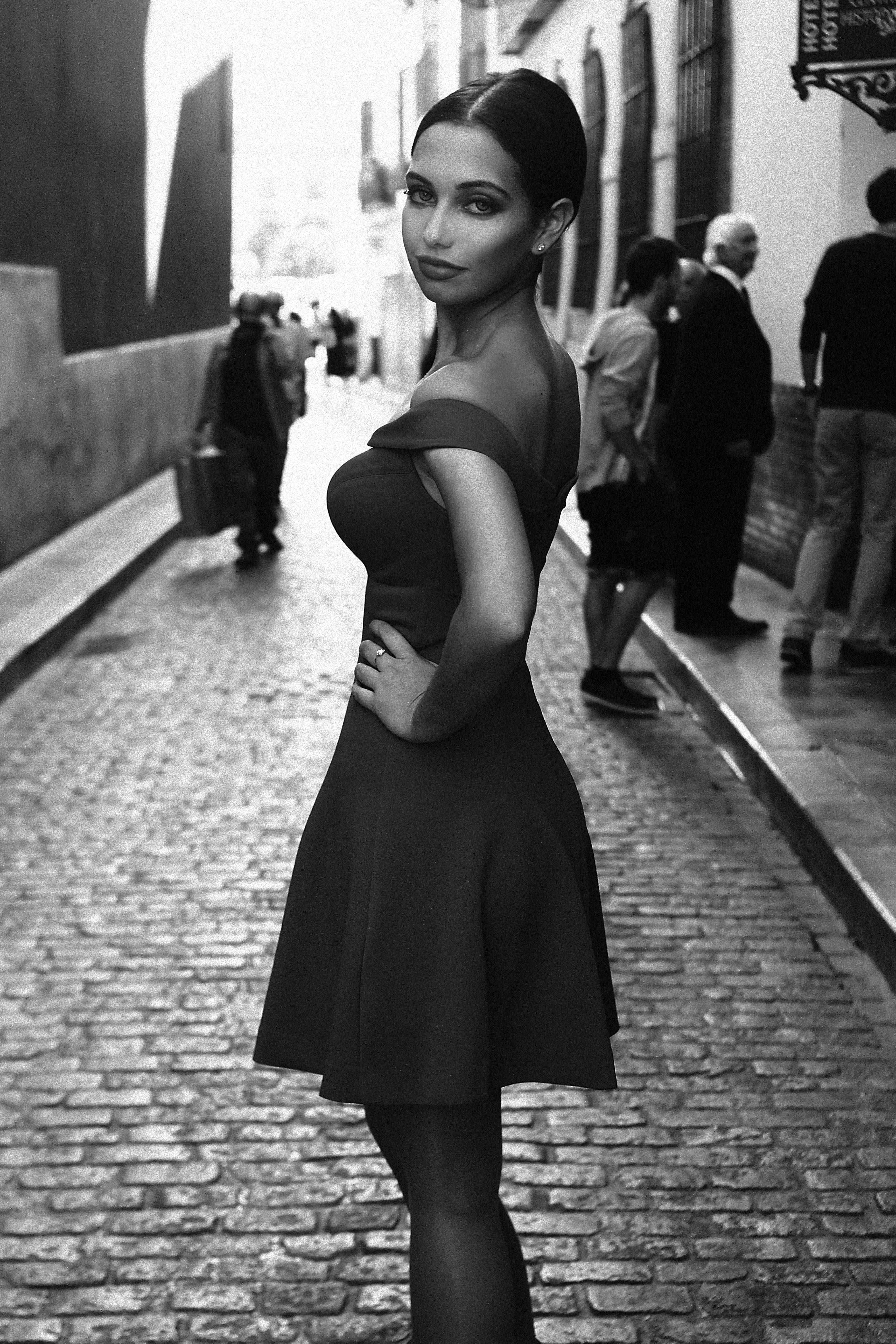Monochrome Italian Girl, black dress, cobblestone street, 5K Phone Wallpaper