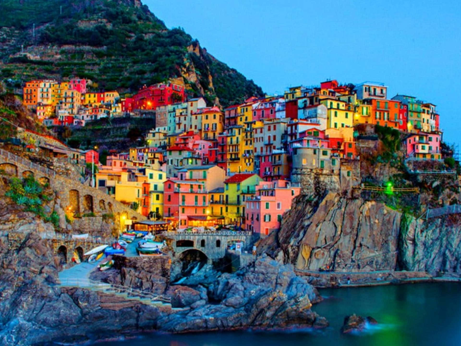 Italy Aesthetic, cliffside village, warm lights, Full HD Desktop Wallpaper