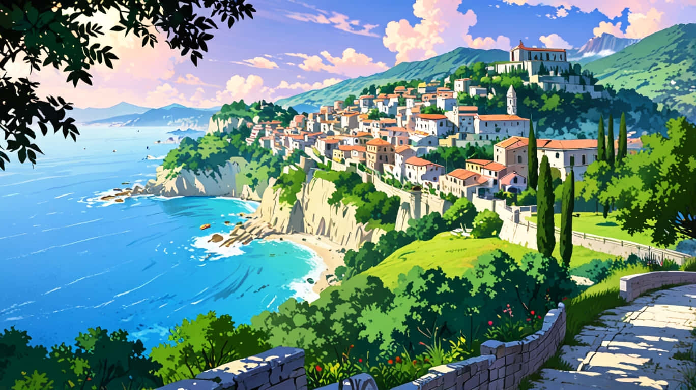 Italy Aesthetic, coastal village, sunlit cliff, HD Desktop Wallpaper