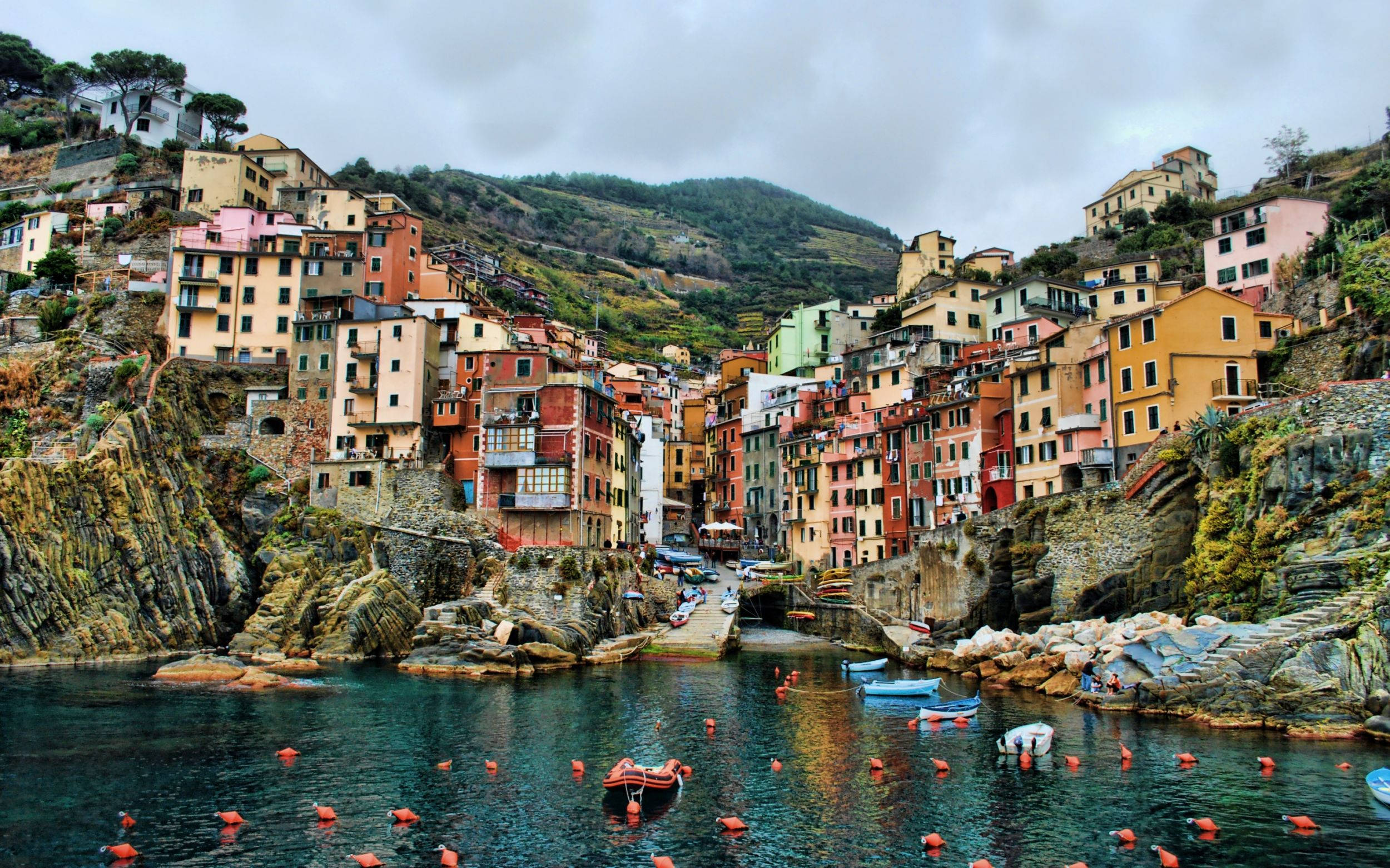 seaside village, pastel houses, rocky hills, Full HD Desktop Wallpaper