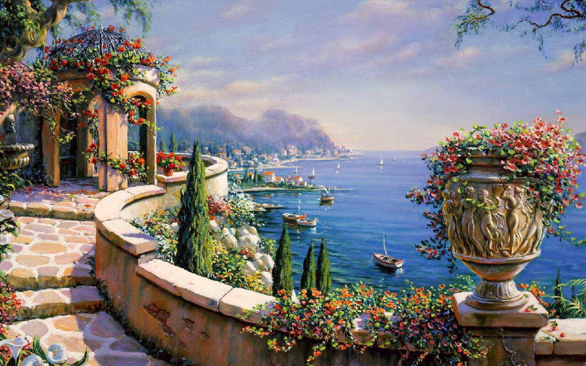 Ocean View Deck, Italy, sunlit terrace, Full HD Desktop Wallpaper