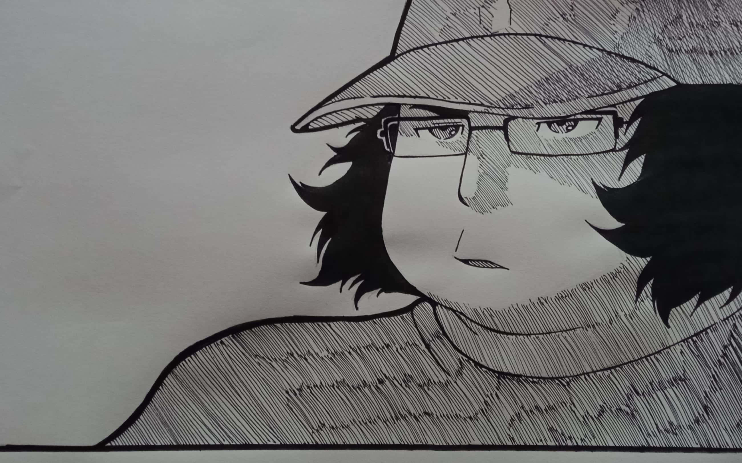 Itaru Hashida, black and white line art, glasses, 2K Desktop Wallpaper