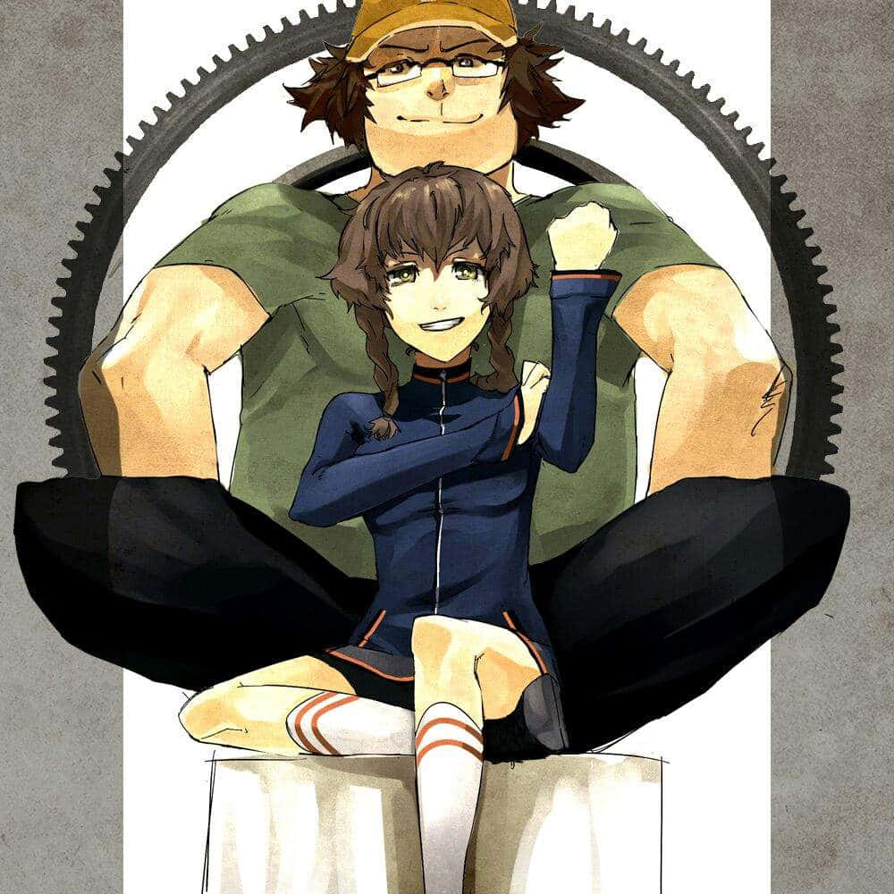 Itaru Hashida, giant gear frame, muscular man with glasses and a cap, SD Desktop Wallpaper