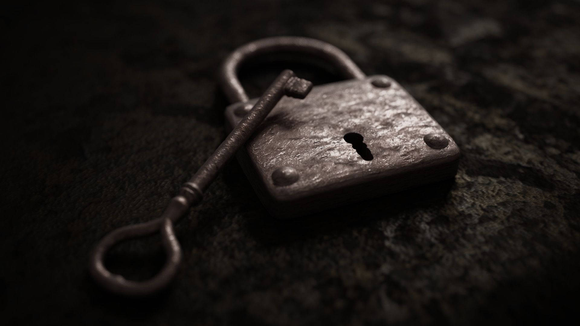 old lock and key, tarnished metal padlock, key, Full HD Desktop Wallpaper
