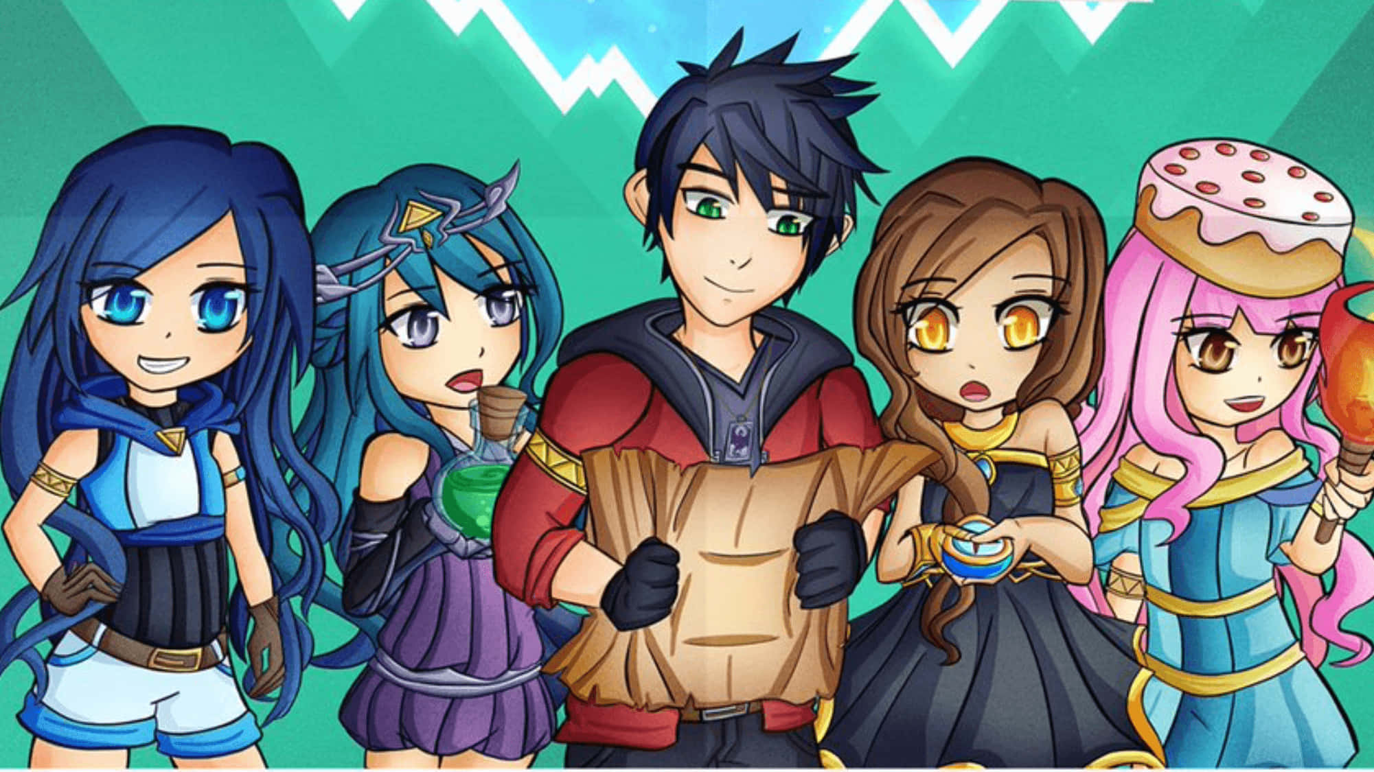 Itsfunneh, anime-style adventurers, colorful hair, Full HD Desktop Wallpaper