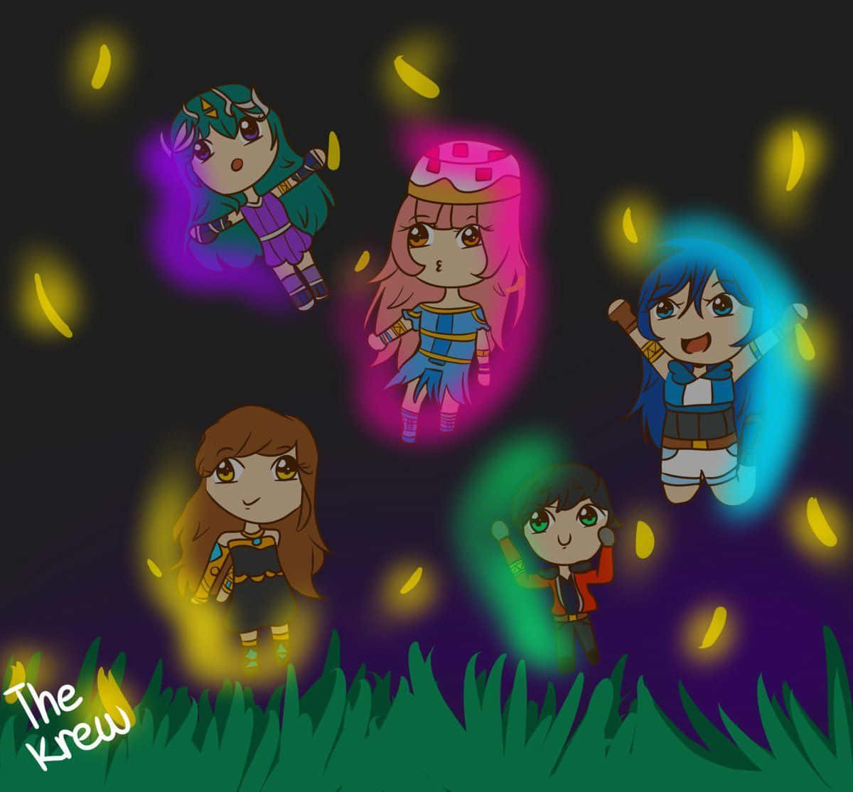 chibi anime characters, colorful auras, grass, SD Desktop Wallpaper