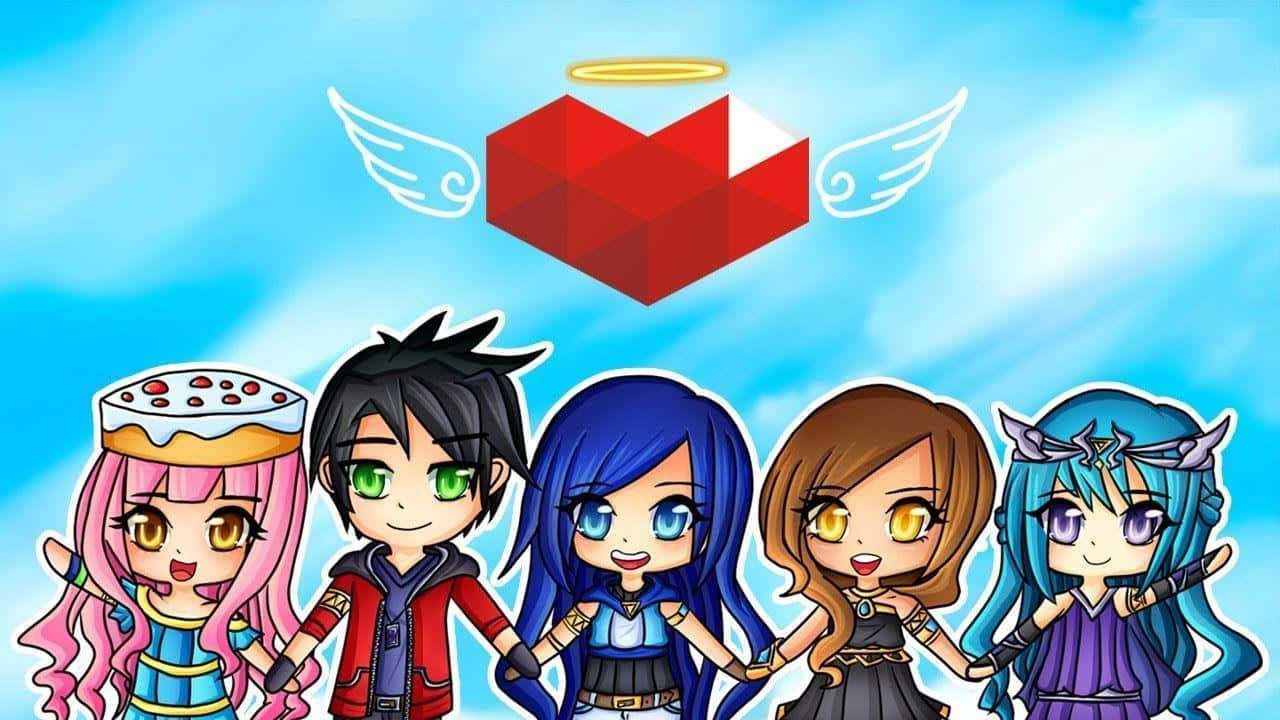 Itsfunneh, chibi anime characters, red geometric heart with wings and halo, HD Desktop Wallpaper