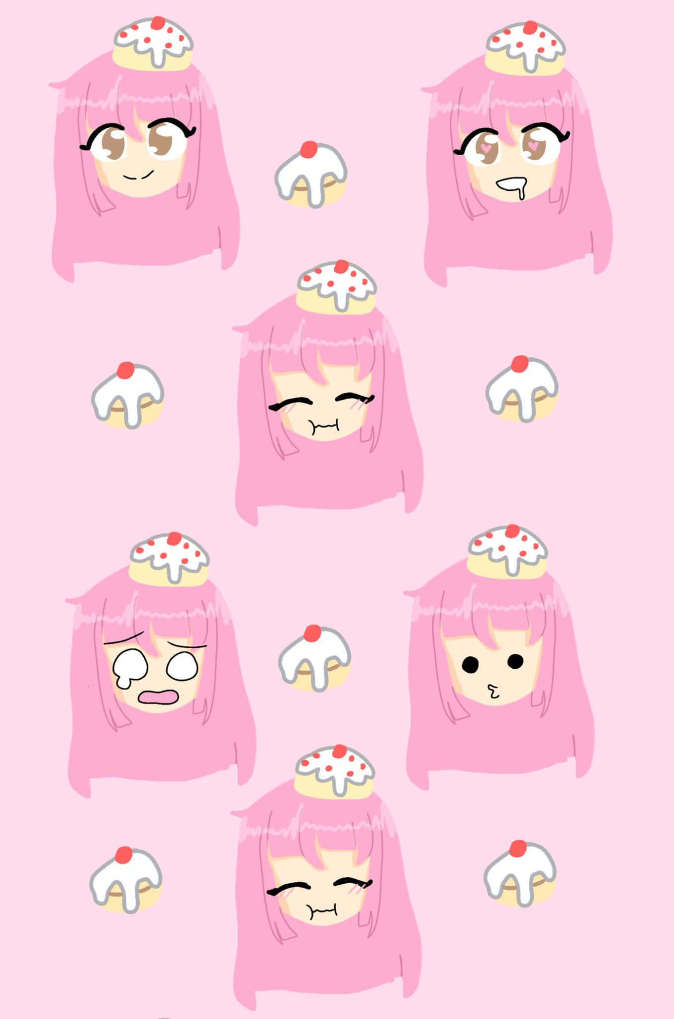 pink-haired anime girl, cupcake on head, soft pink background, Full HD Phone Wallpaper