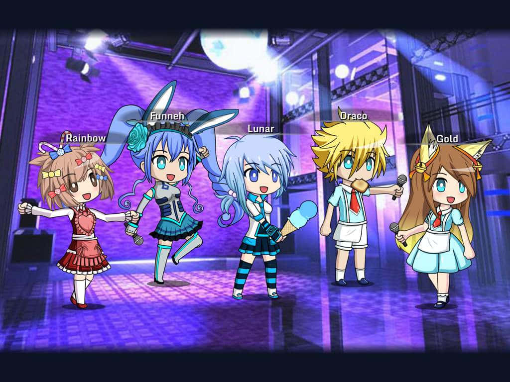 Itsfunneh, anime-style characters, vibrant purple stage, SD Desktop Wallpaper