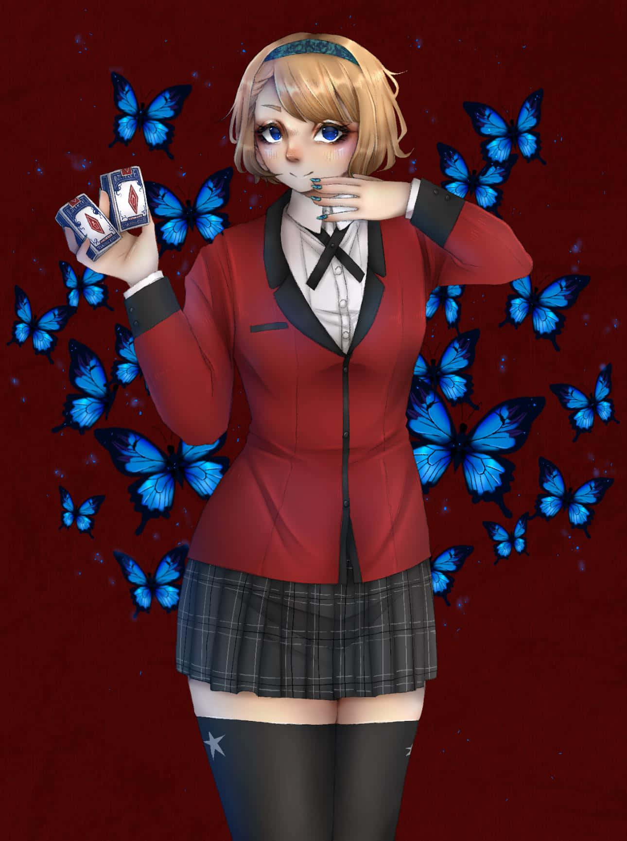 Itsuki Sumeragi, red school uniform, glowing blue butterflies, HD Phone Wallpaper