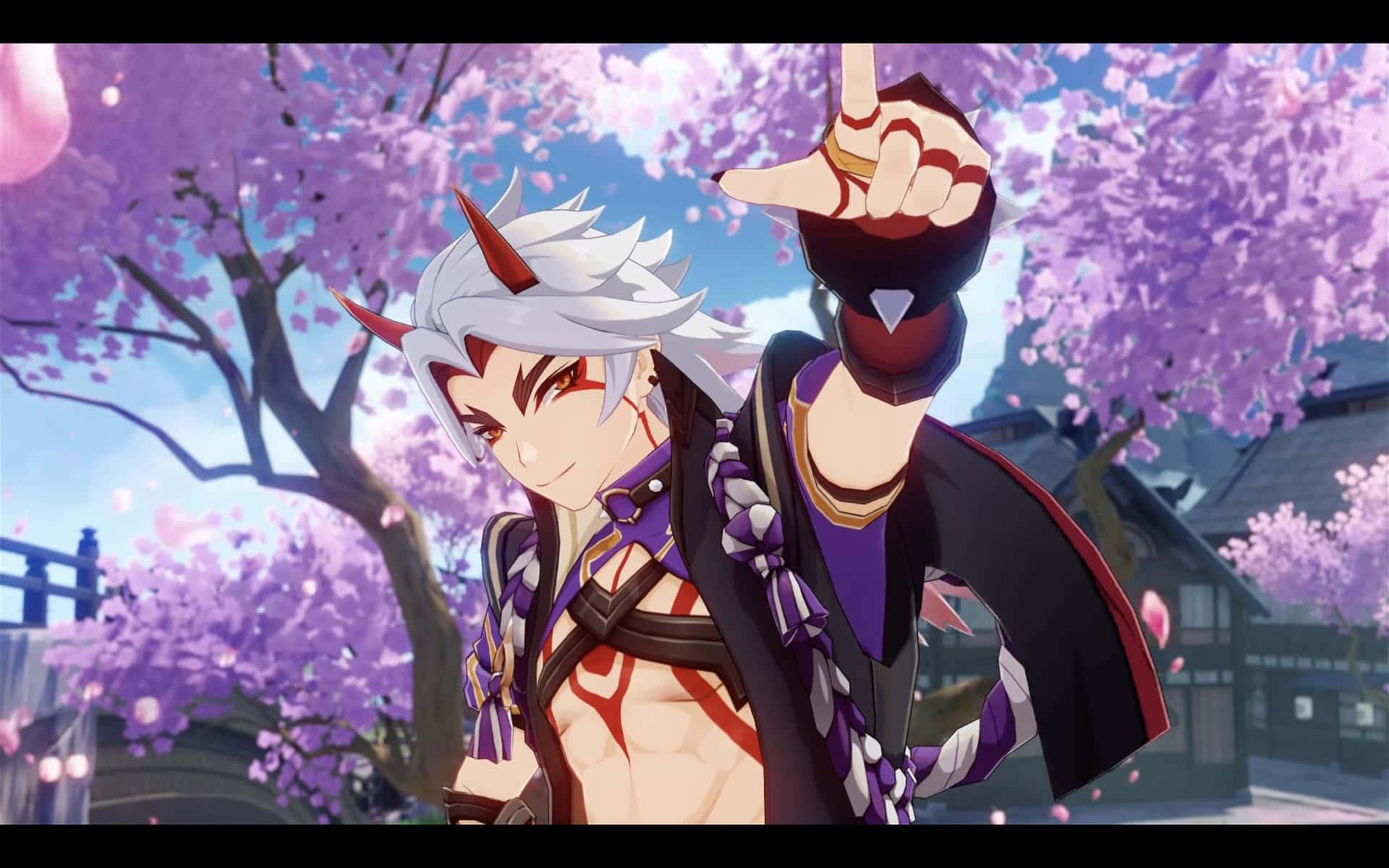 Itto Genshin Impact, white hair, red horns, Full HD Desktop Wallpaper