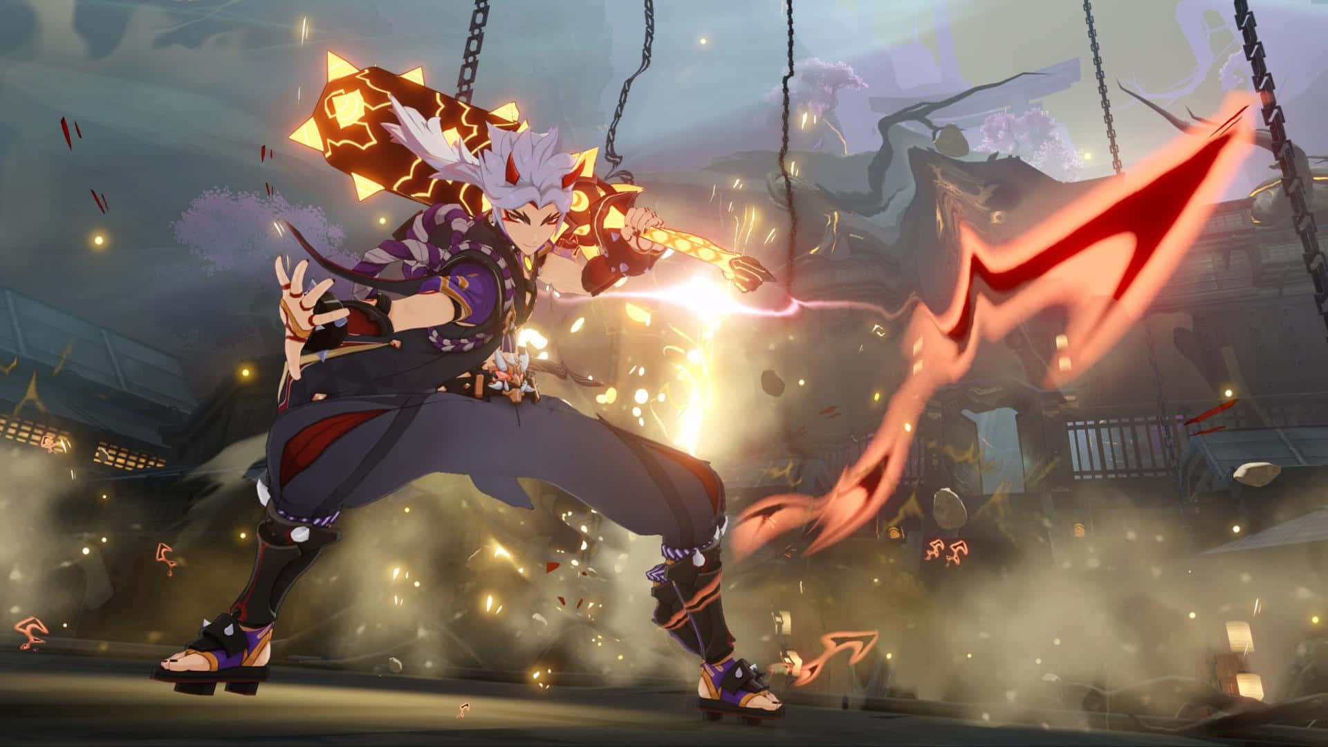 Itto, Genshin Impact, white-haired, Full HD Desktop Wallpaper