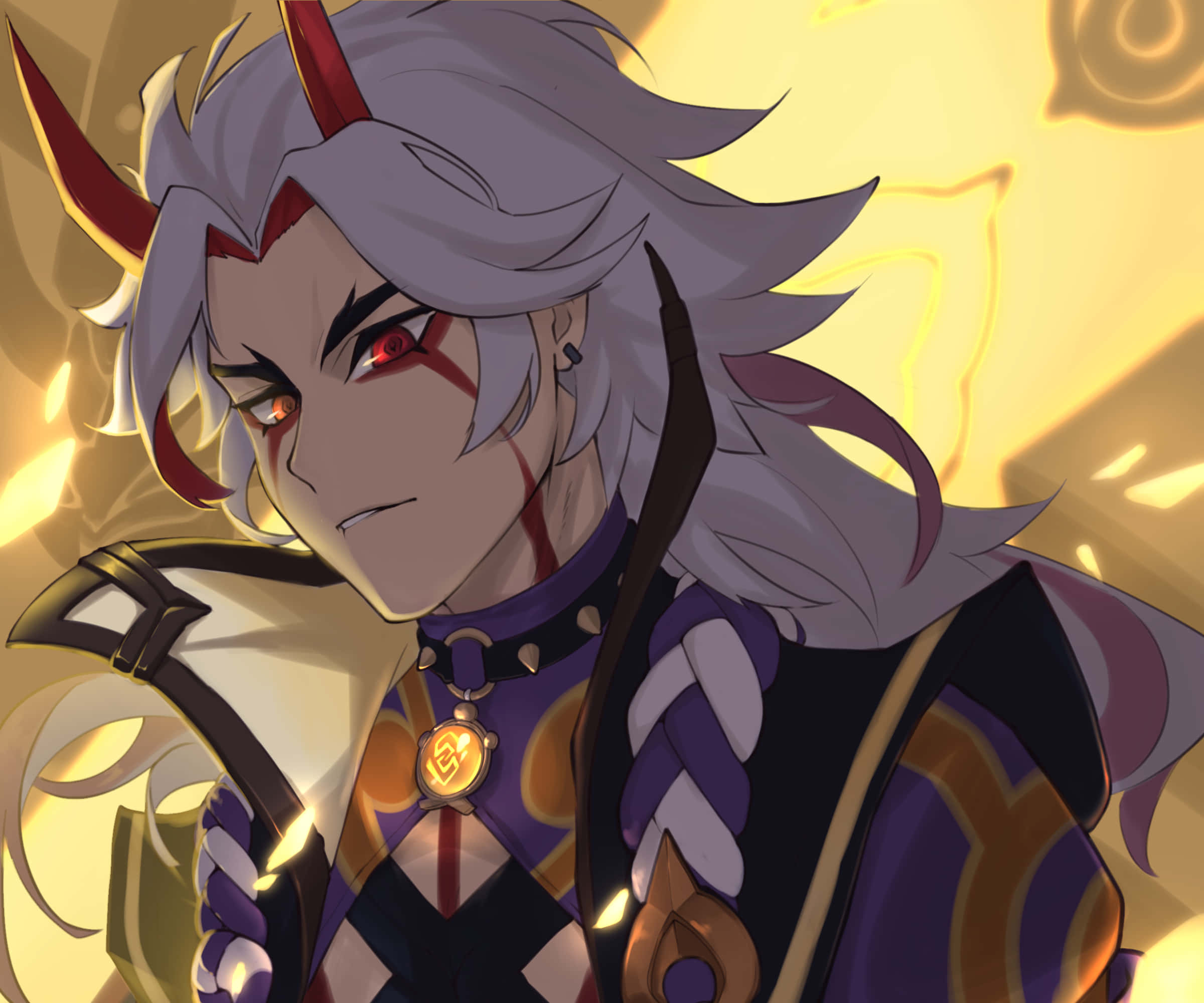 Itto Genshin Impact, silver hair, red horns, Full HD Desktop Wallpaper