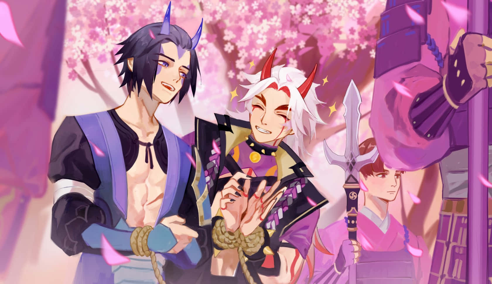 Itto Genshin Impact, pink cherry blossoms, anime characters, HD Desktop Wallpaper