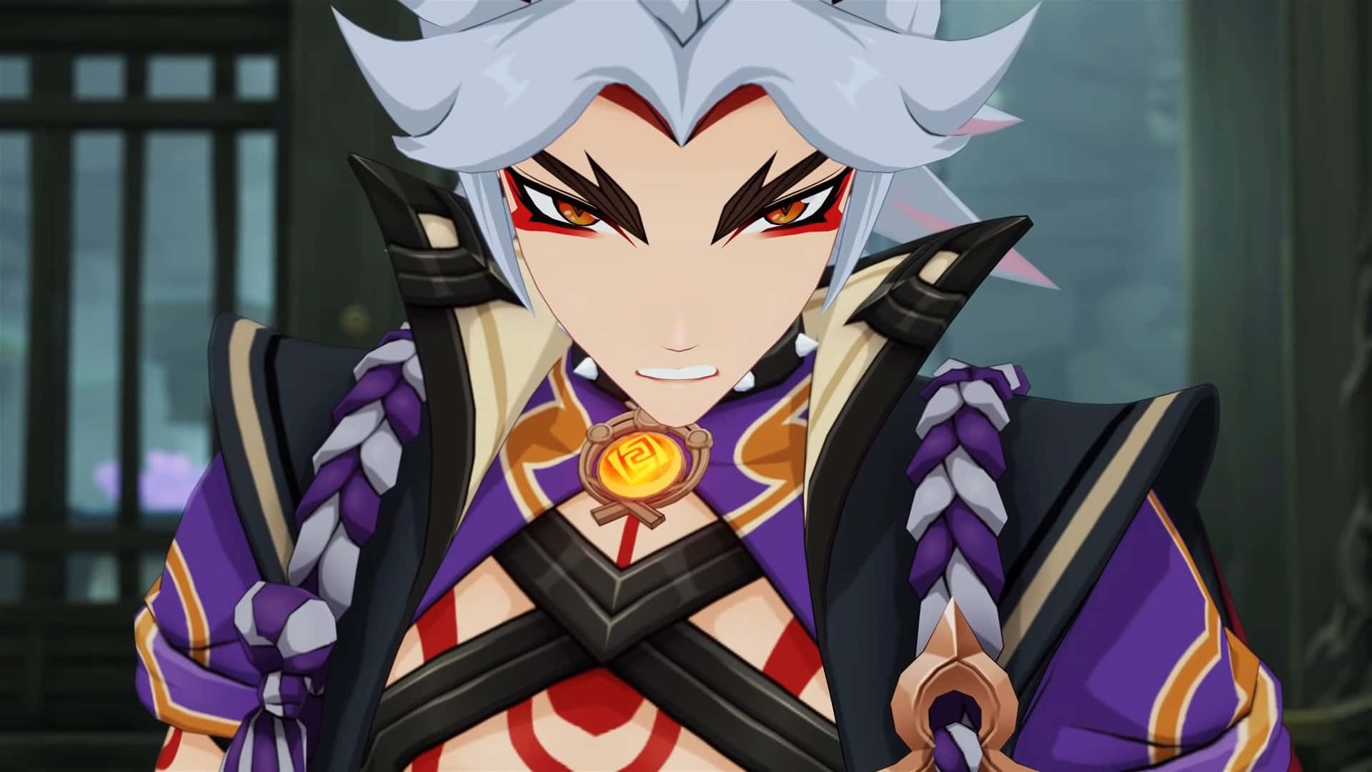 Itto Genshin Impact, silver hair, red eyes, Full HD Desktop Wallpaper