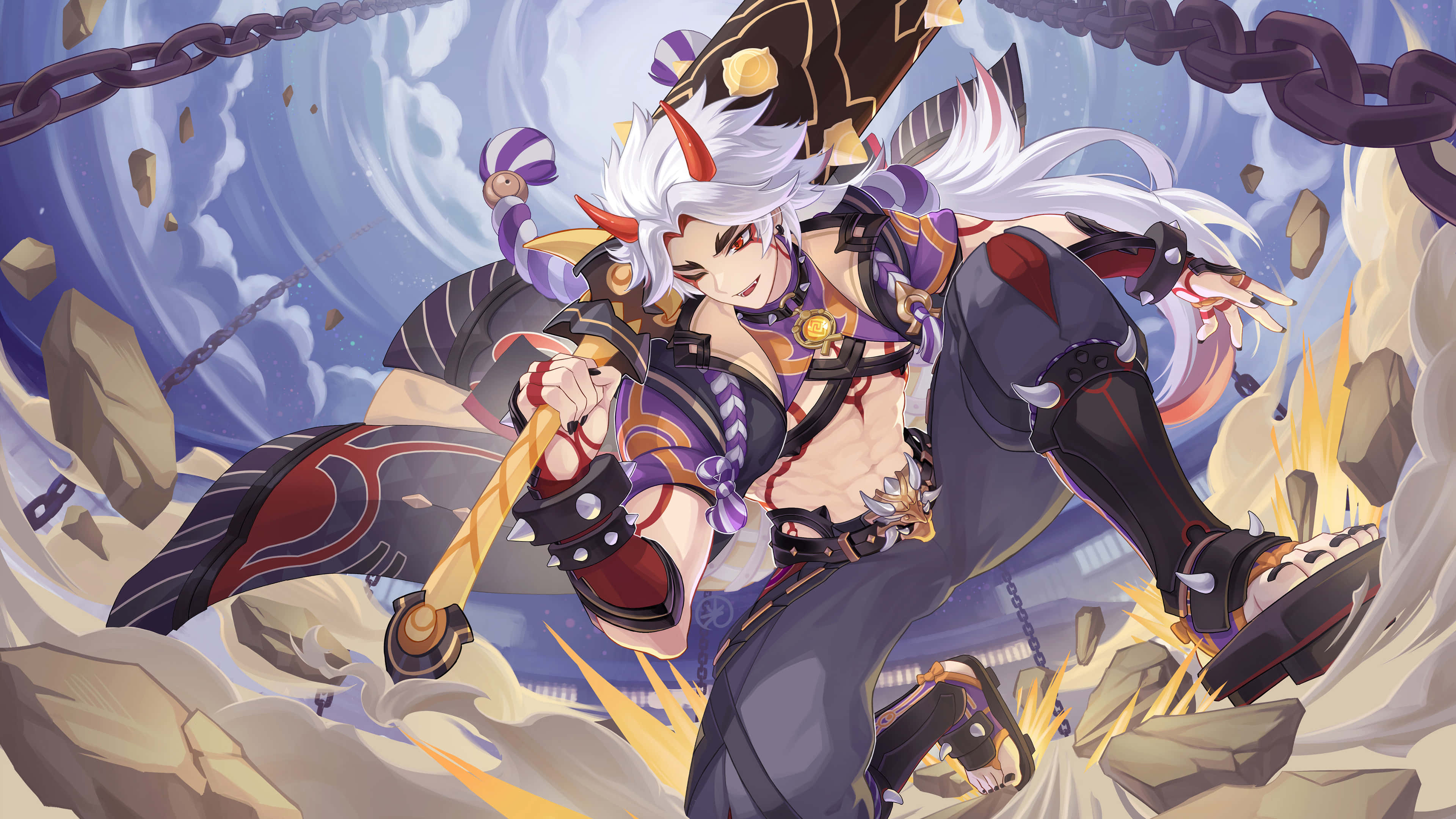 Itto Genshin Impact, white hair, red horns, 4K Desktop Wallpaper