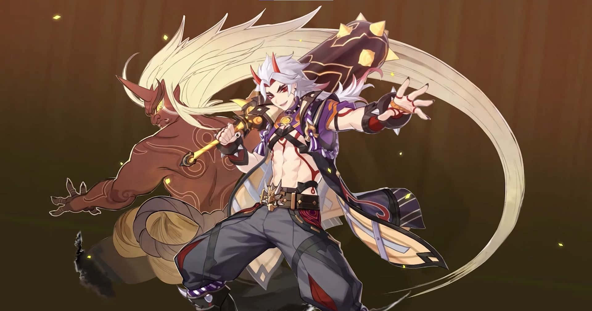 Itto Genshin Impact, white hair, red horns, Full HD Desktop Wallpaper