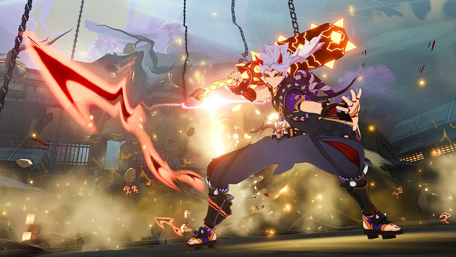 Itto, Genshin Impact, glowing red sword, Full HD Desktop Wallpaper