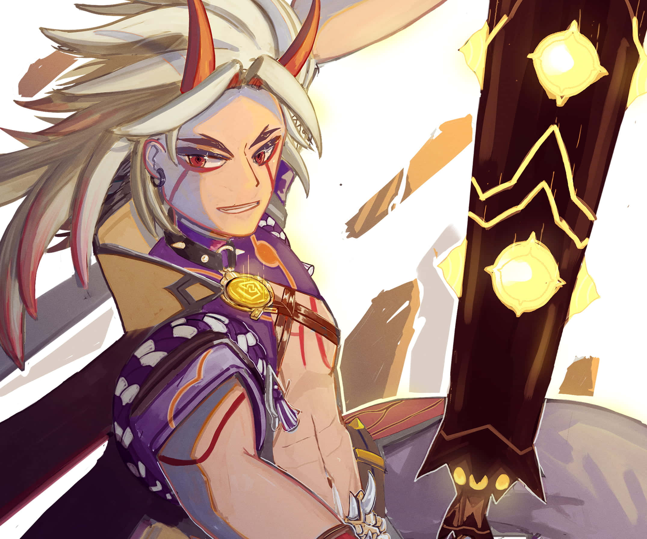 Itto, Genshin Impact, white hair, Full HD Desktop Wallpaper