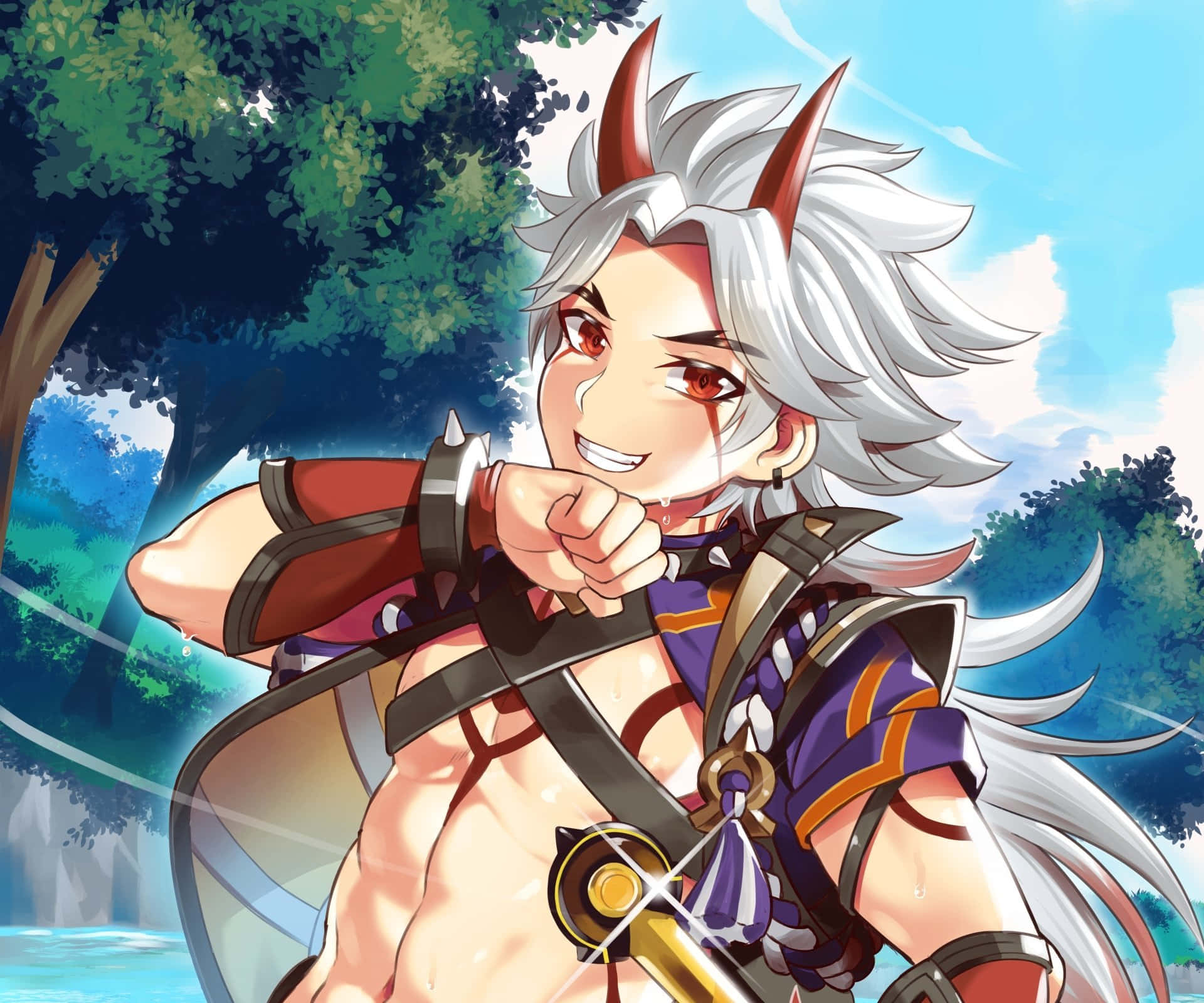 Itto, Genshin Impact, white hair, Full HD Desktop Wallpaper