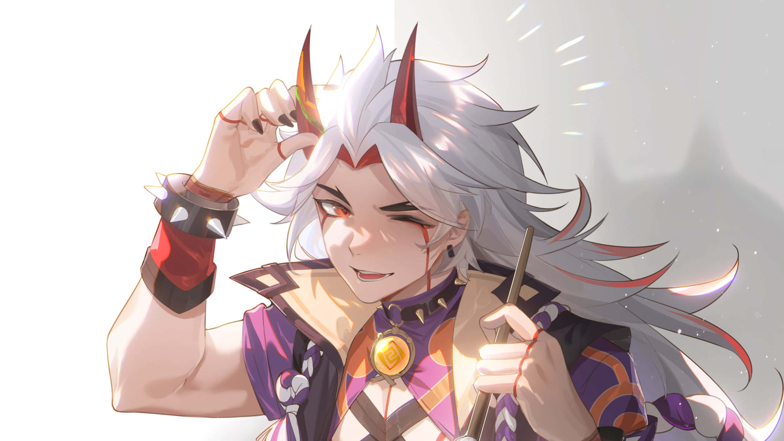 Itto Genshin Impact, white hair, red horns, 2K Desktop Wallpaper