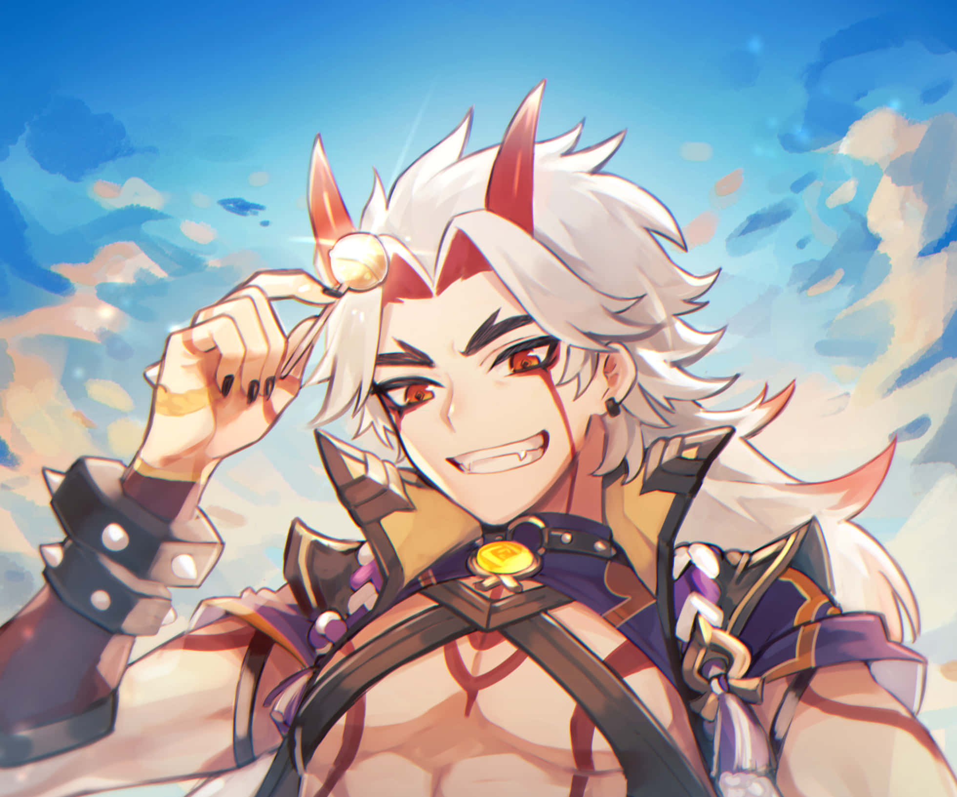 Itto, Genshin Impact, white hair, Full HD Desktop Wallpaper