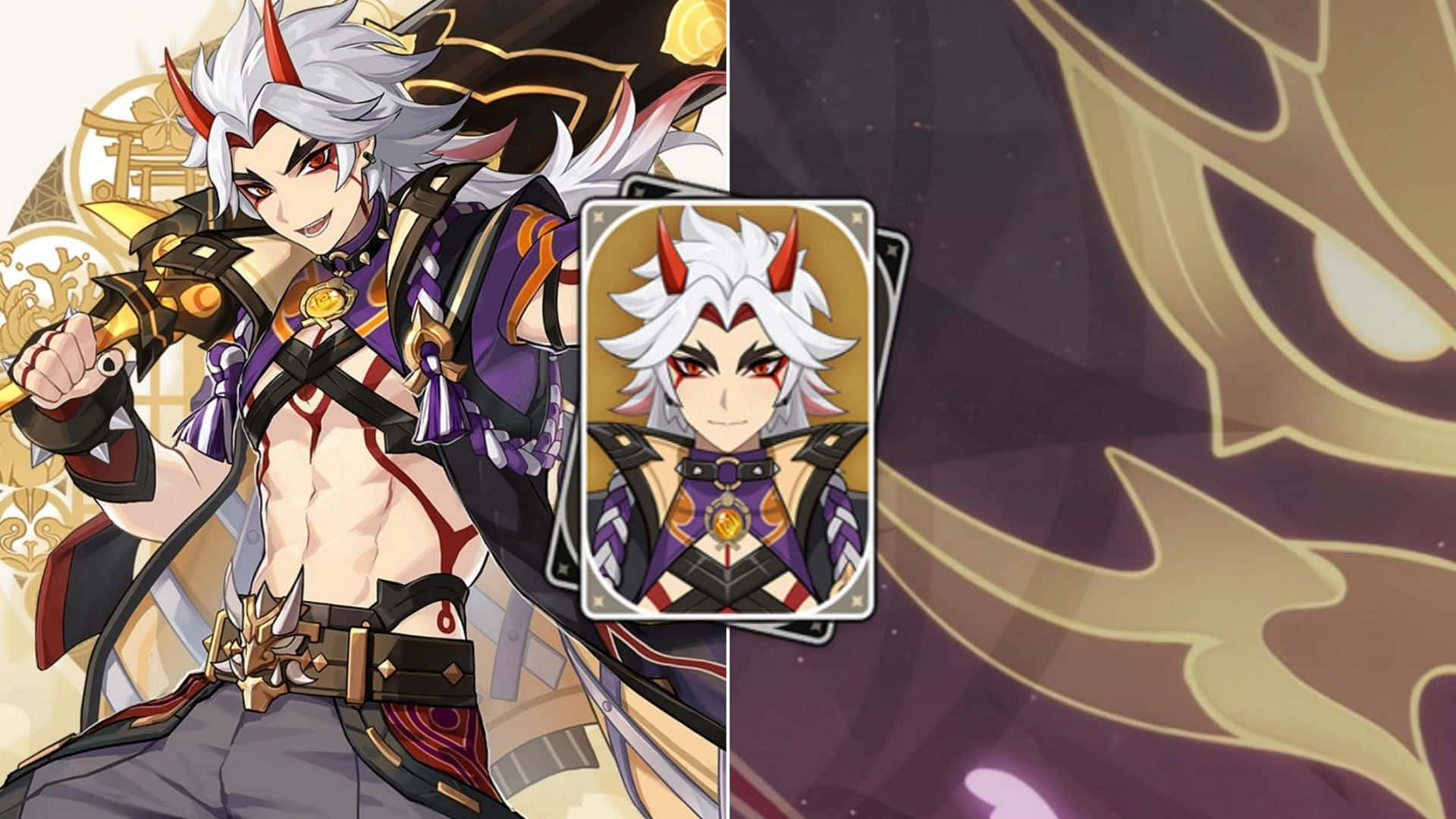 Itto Genshin Impact, white hair, red horns, Full HD Desktop Wallpaper