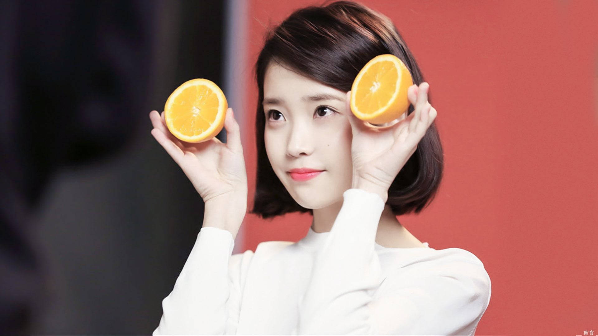 IU, orange, short dark hair, Full HD Desktop Wallpaper
