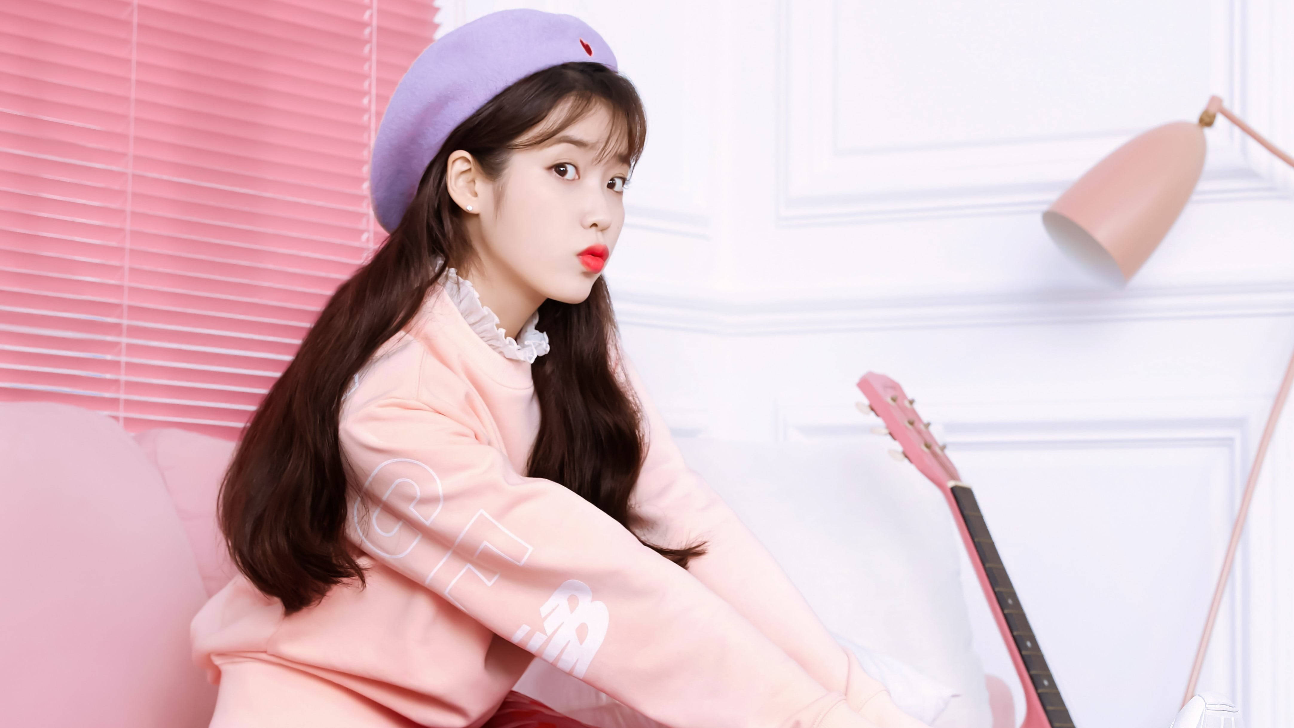 IU, pastel pink, purple beret, 4K Desktop Wallpaper