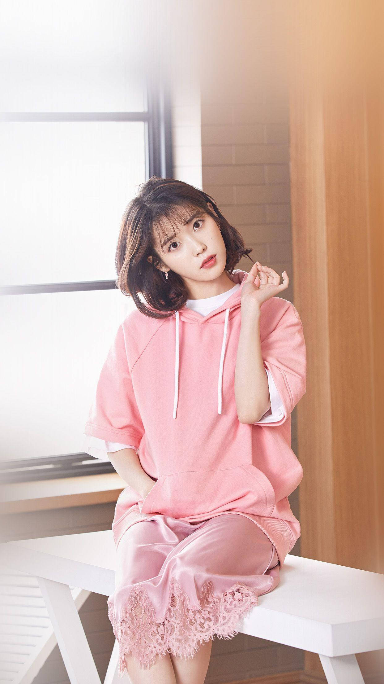 IU, pastel pink outfit, soft pink hoodie, Full HD Phone Wallpaper