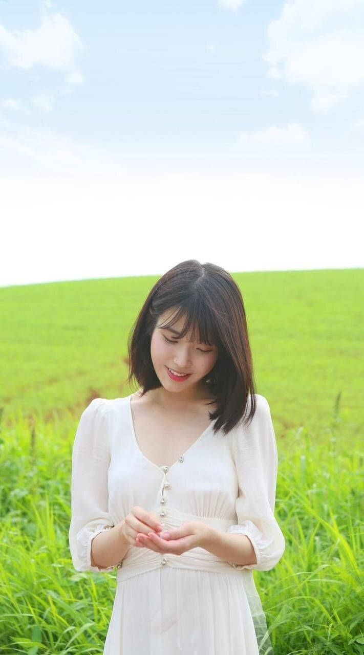 IU, green field, white dress, HD Phone Wallpaper