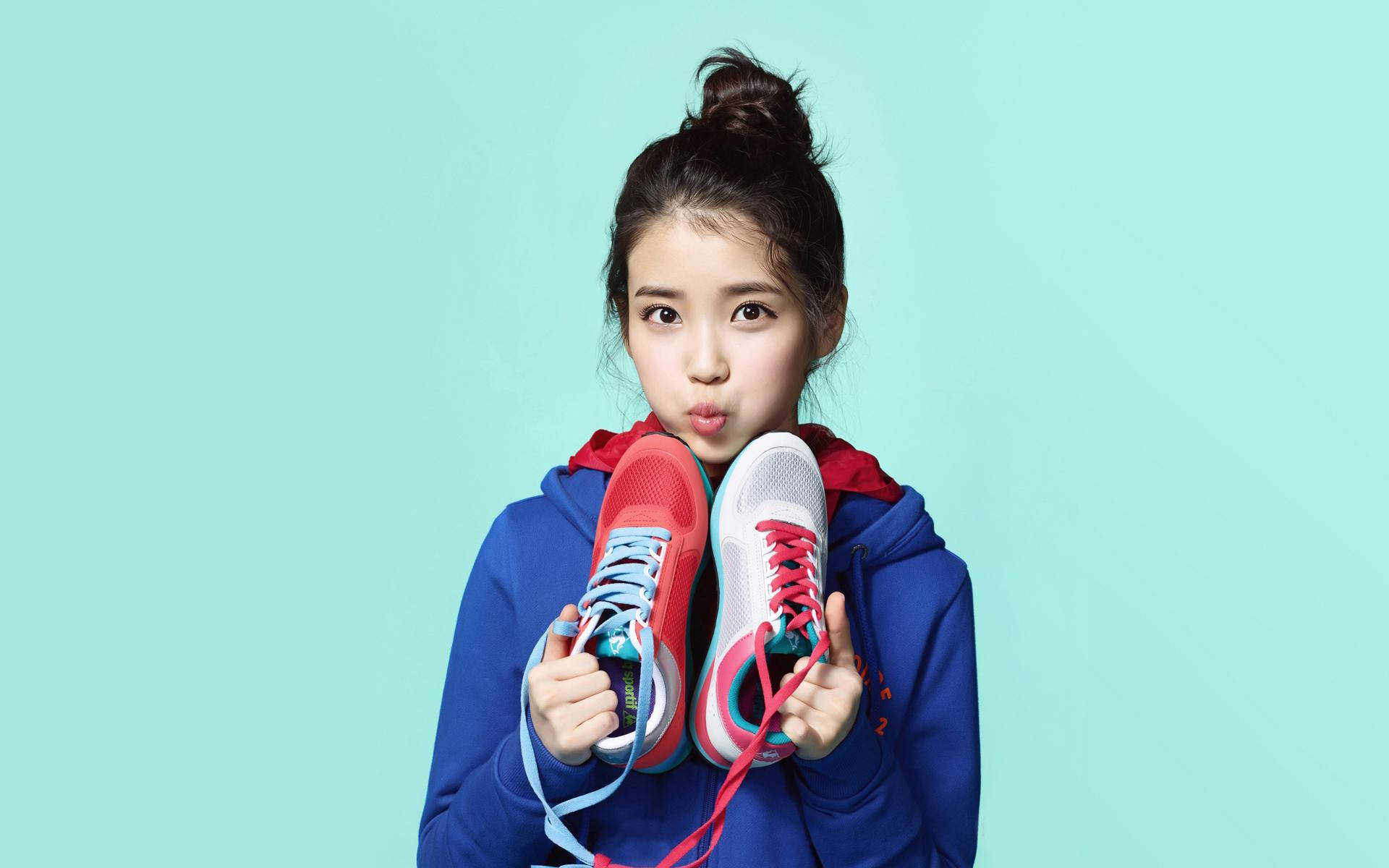 IU, blue hoodie, colorful sneakers, Full HD Desktop Wallpaper