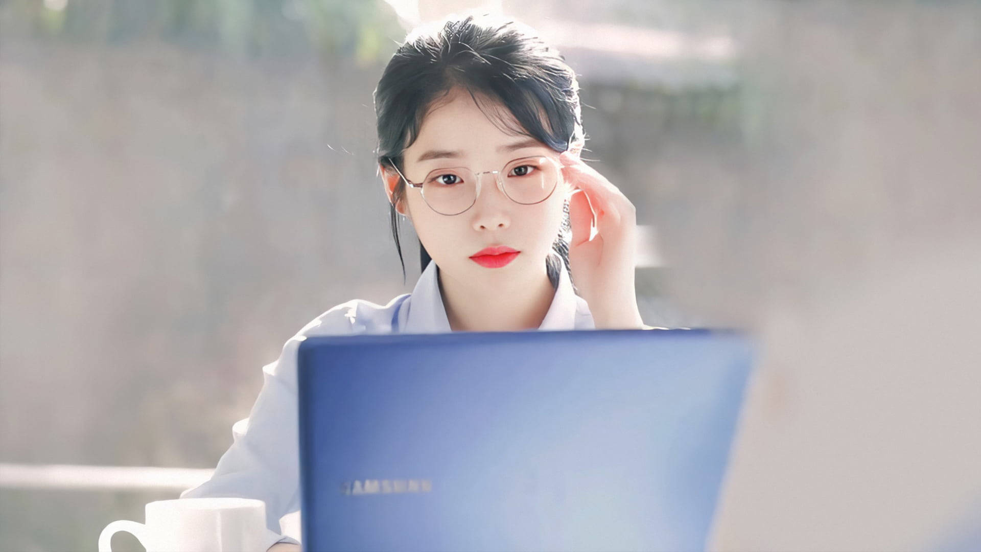 IU, transparent eyeglasses, red lips, Full HD Desktop Wallpaper