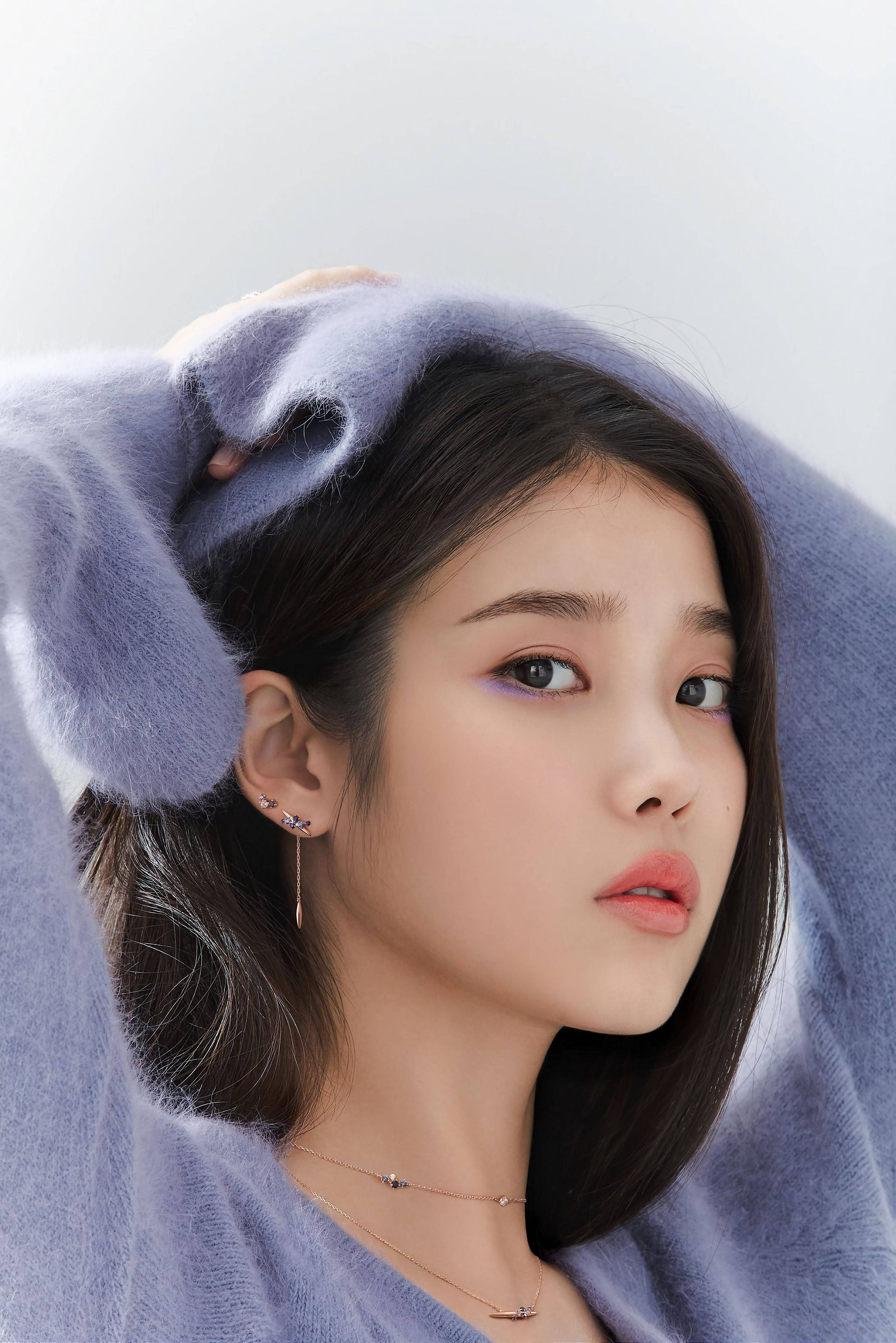 IU, light purple, lavender sweater, 4K Phone Wallpaper