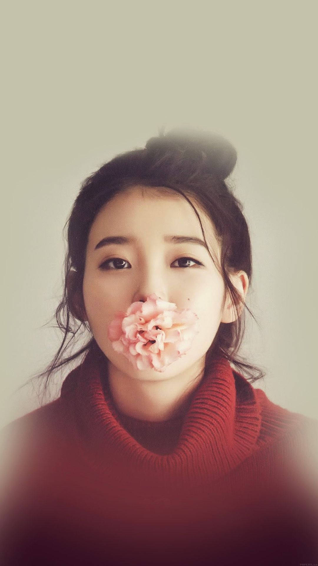 IU, red turtleneck, pink carnation, Full HD Phone Wallpaper