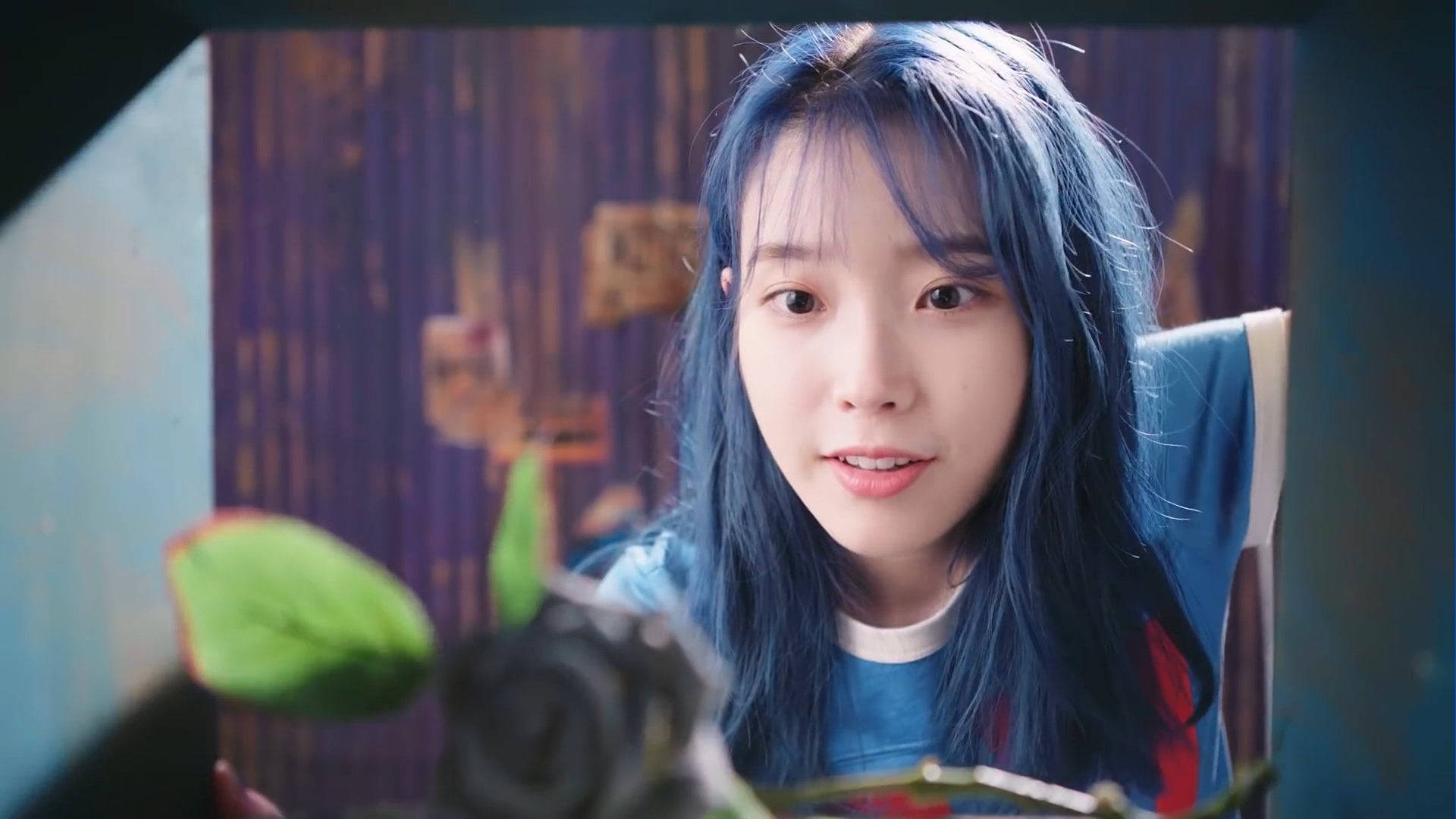 IU, blue hair, dark rose, Full HD Desktop Wallpaper