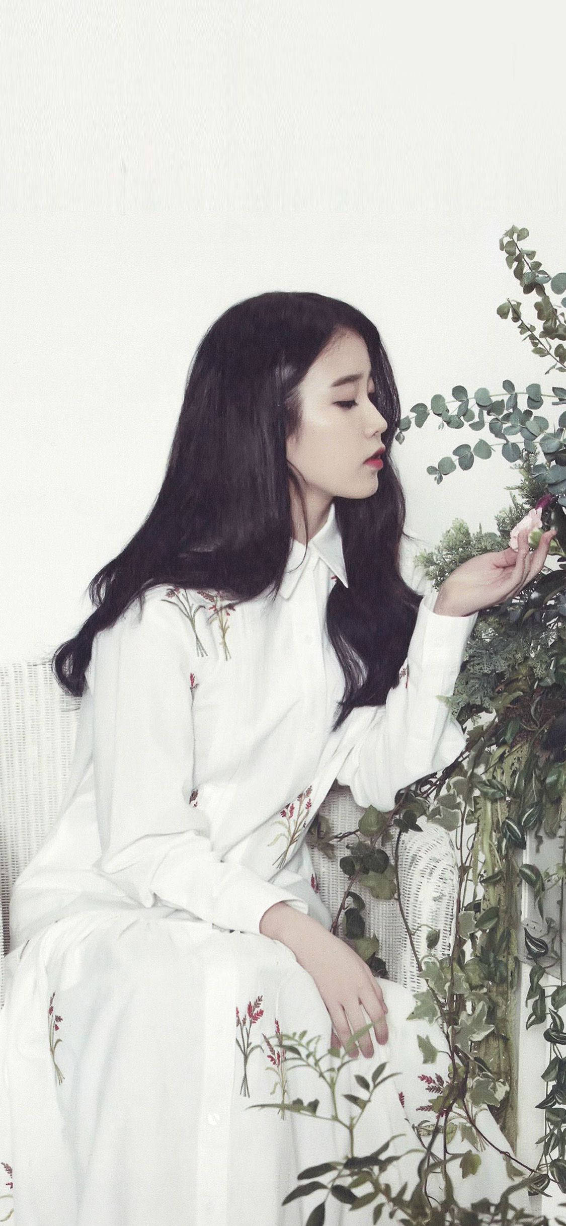 IU, white floral dress, greenery, Full HD Phone Wallpaper