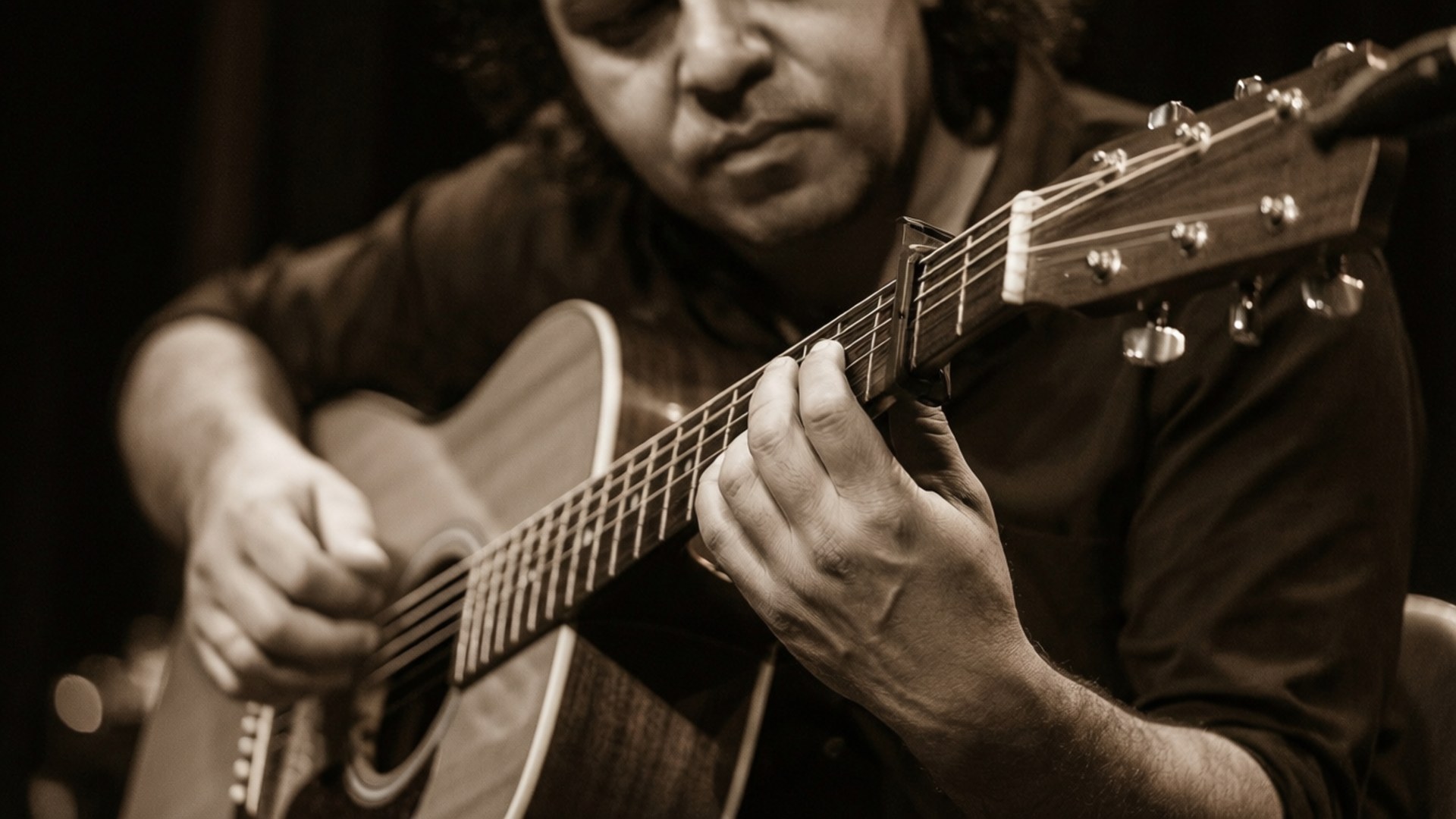 Ivan Cornejo, guitar, sepia, Full HD Desktop Wallpaper