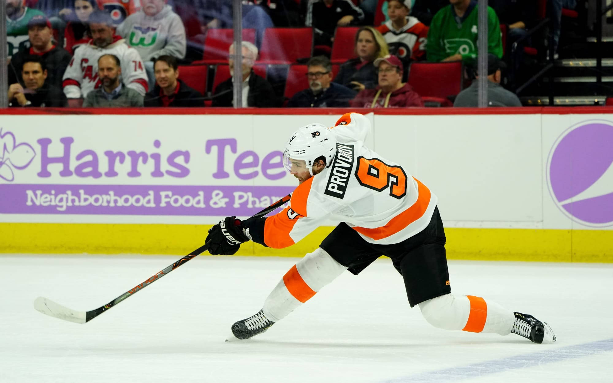 Ivan Provorov, white and orange gear, skates low on ice, Full HD Desktop Wallpaper