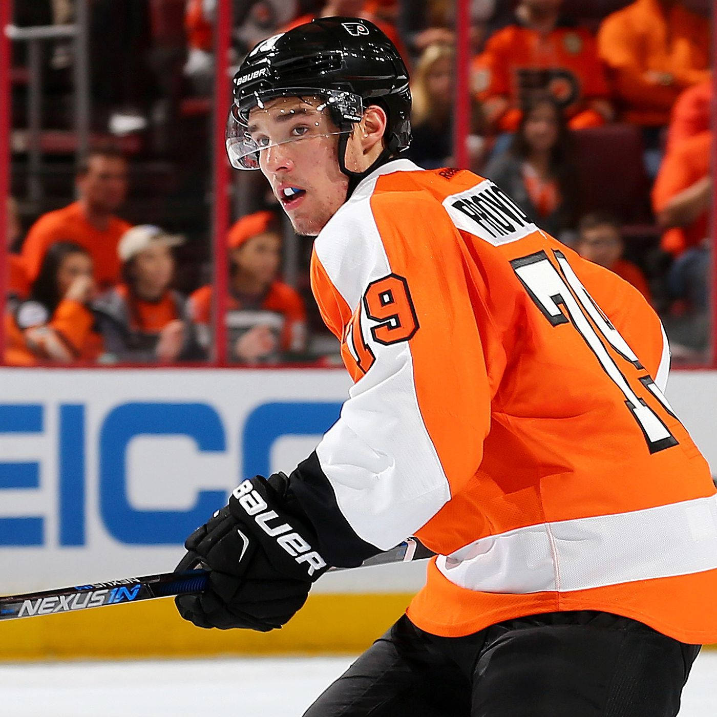 Ivan Provorov, orange and white jersey, ice rink, HD Desktop Wallpaper