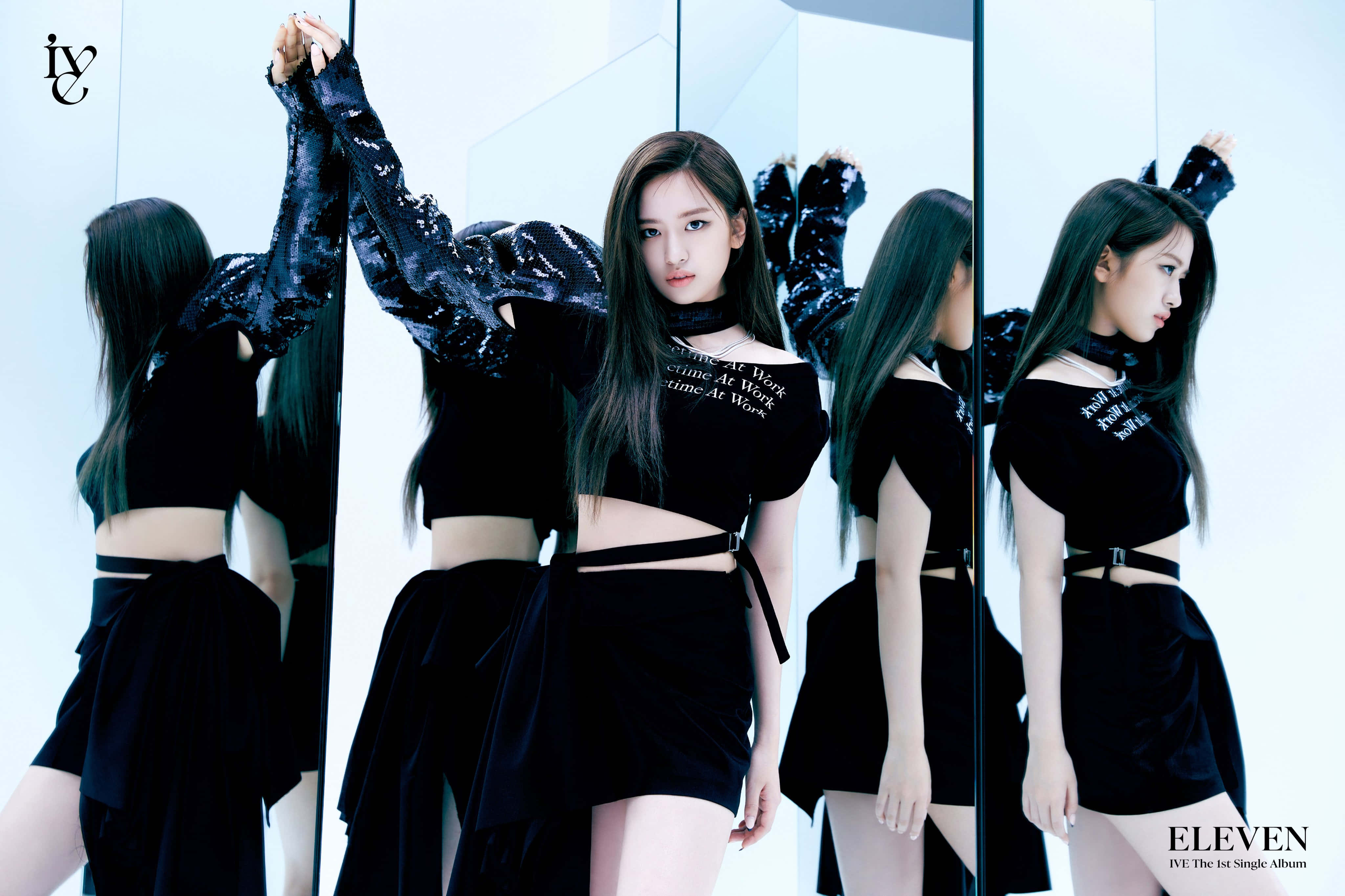 I V E, black sequined outfit, mirrored reflections, 4K Desktop Wallpaper