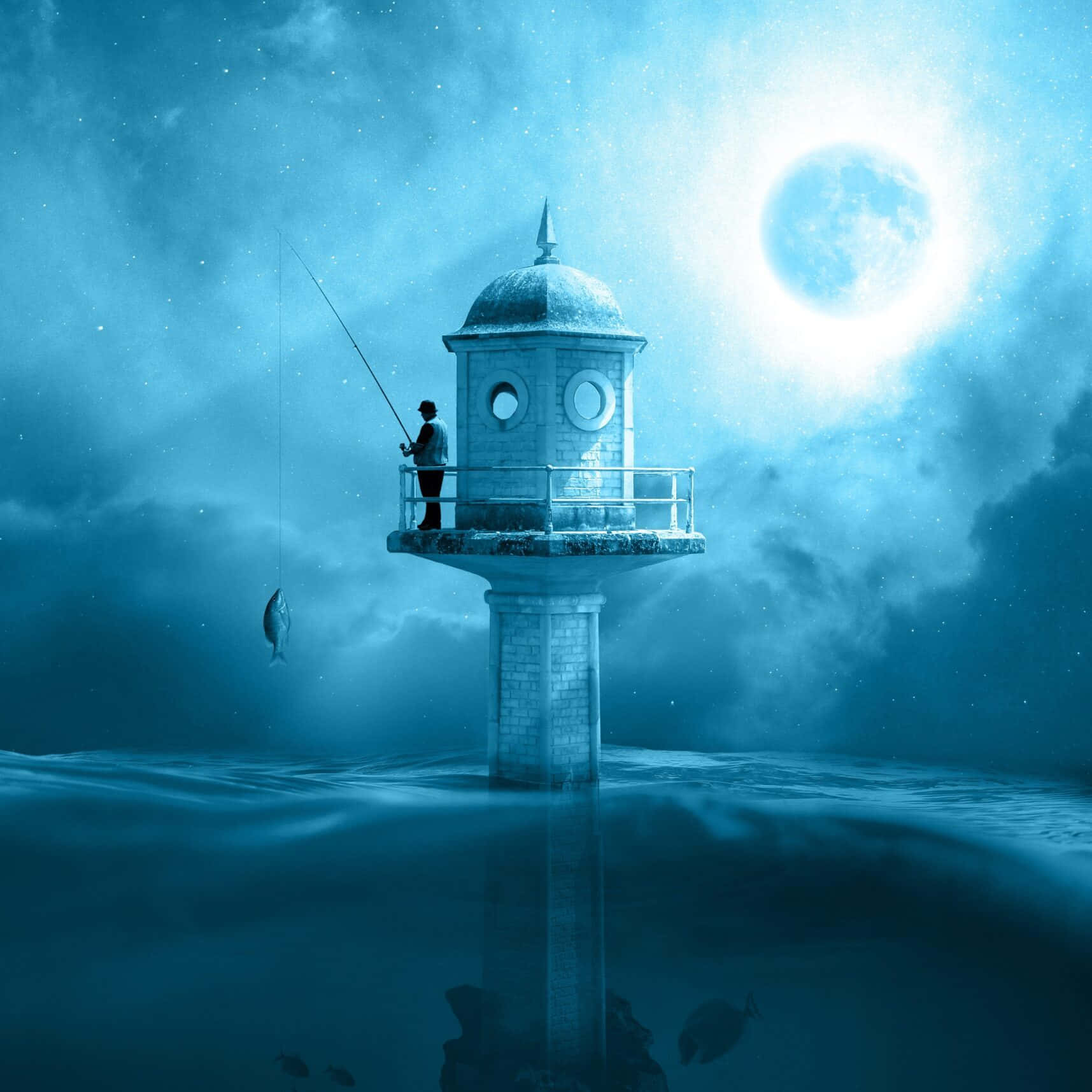Ivory Tower, lighthouse pier, glowing moon, HD Desktop Wallpaper