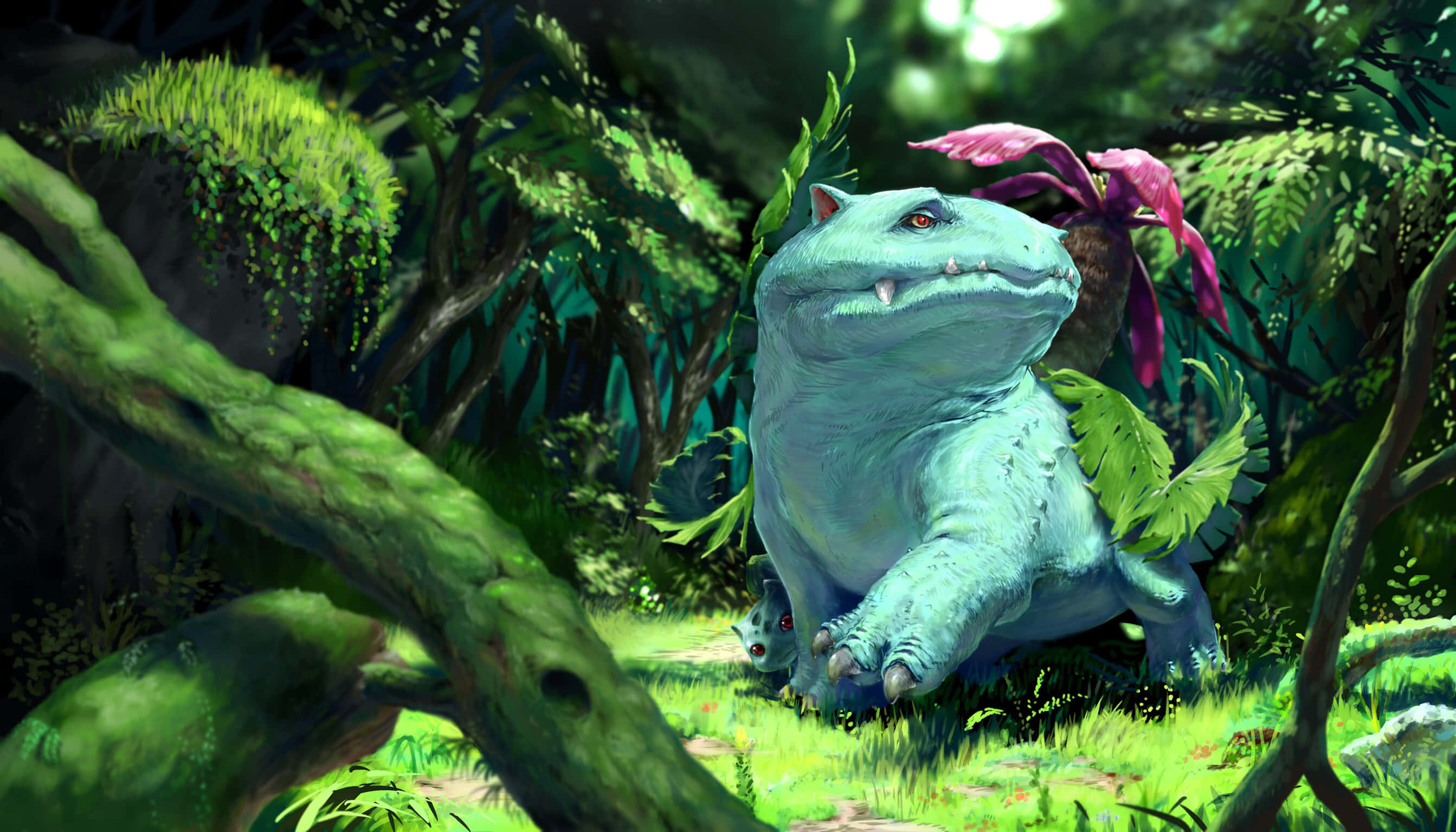 Ivysaur, light blue, red eyes, 2K Desktop Wallpaper