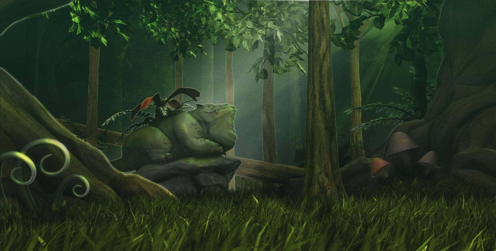 Ivysaur, forest, mossy rocks, Full HD Desktop Wallpaper