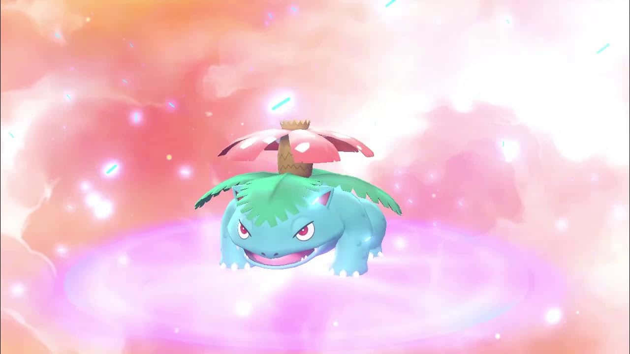 Ivysaur, pink mushroom cap, glowing pink and orange cosmic swirl, HD Desktop Wallpaper